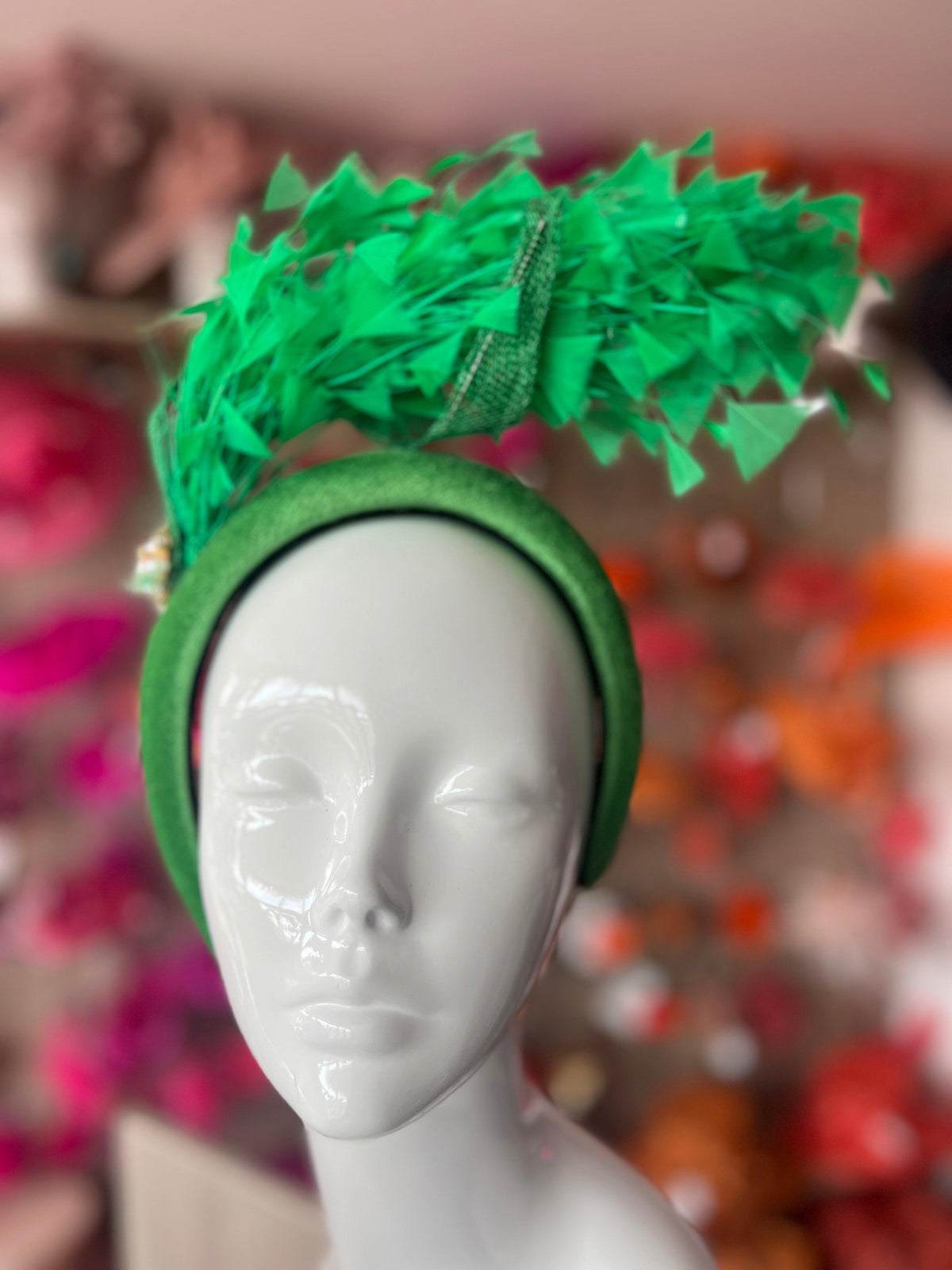 Green Feather Velvet Padded Headband Fascinator With Diamante &amp; Pearl Cluster-Fascinators Direct