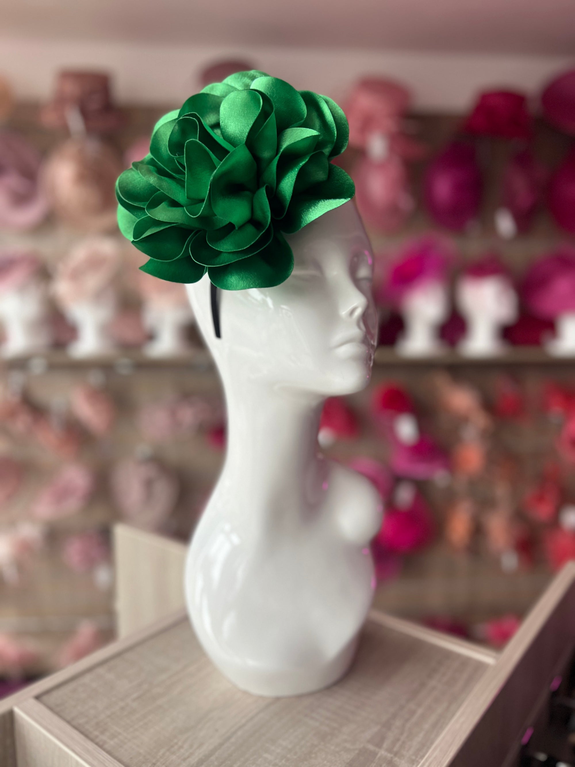 Green Large Satin Rose Flower Fascinator-Fascinators Direct