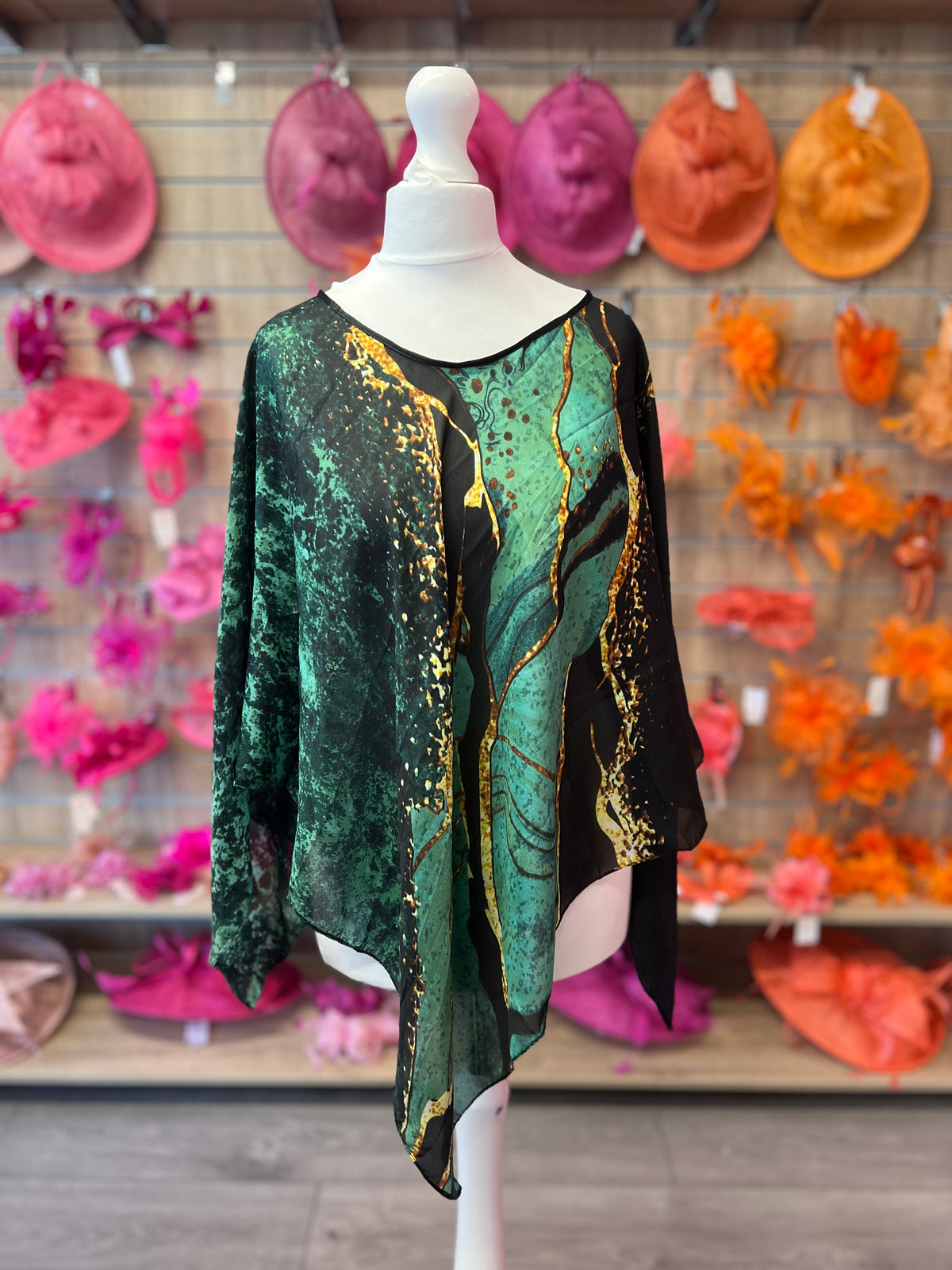 Green Marble Effect Silky Summer Poncho-Fascinators Direct