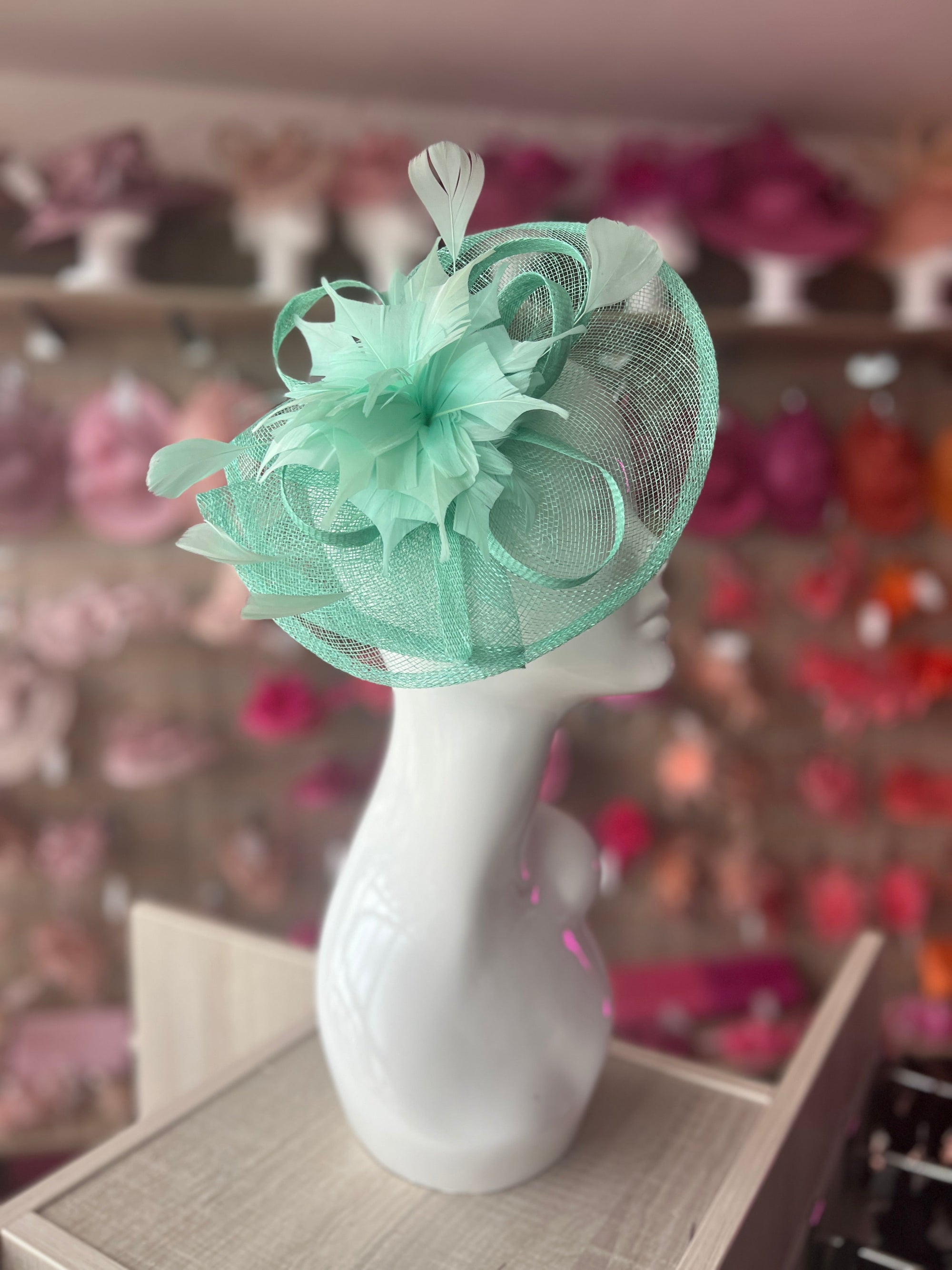 Green Oval Base Fascinator With Feather Flower-Fascinators Direct