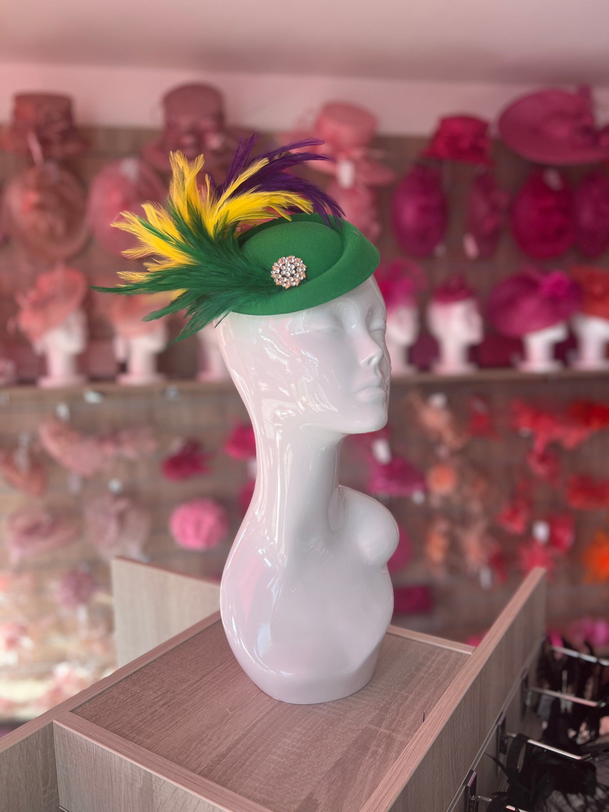 Green Pill Box Fascinator With Curled Feathers & Diamante Embellishment-Fascinators Direct