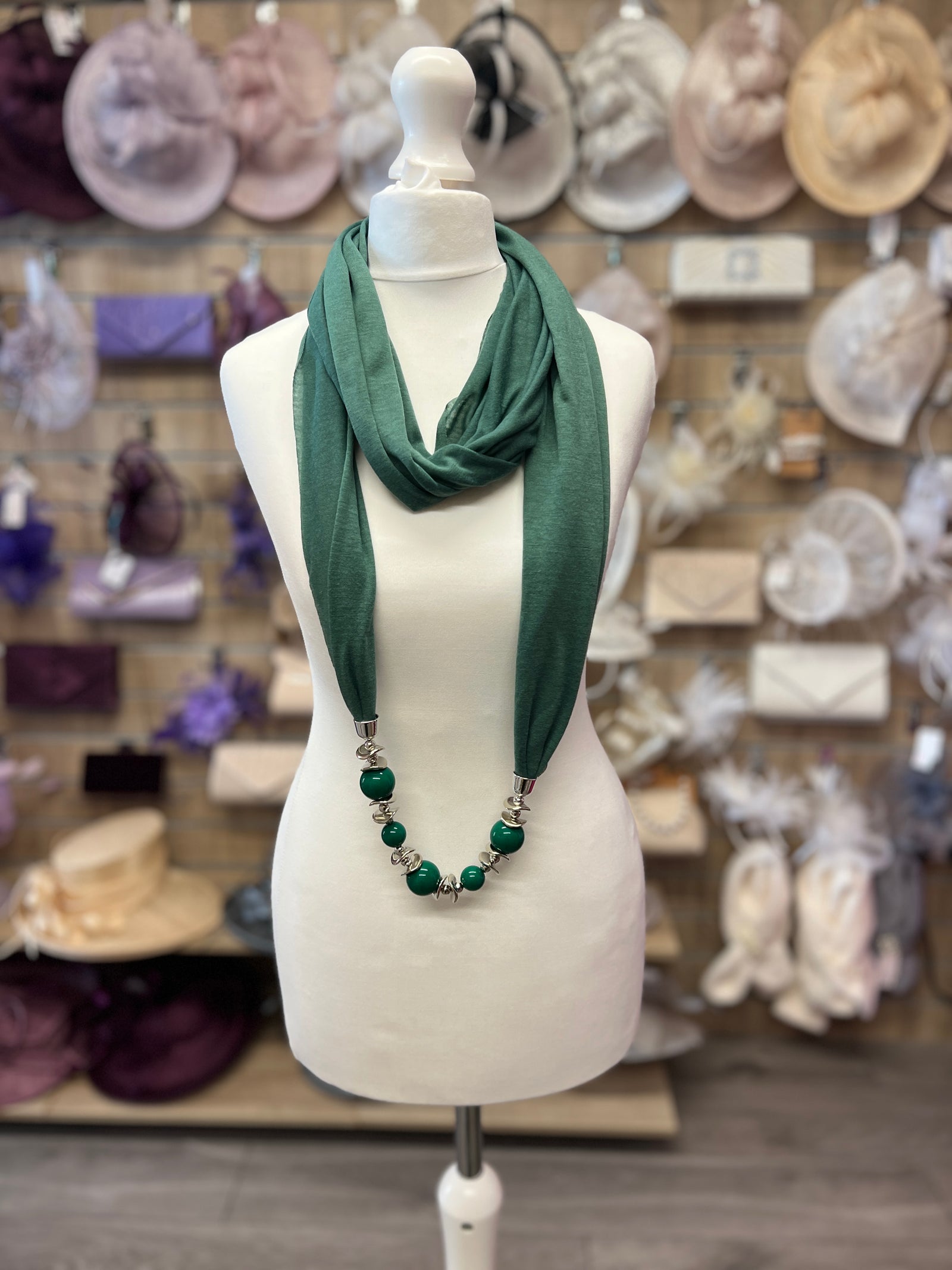 Green Scarf Necklace With Beads-Fascinators Direct