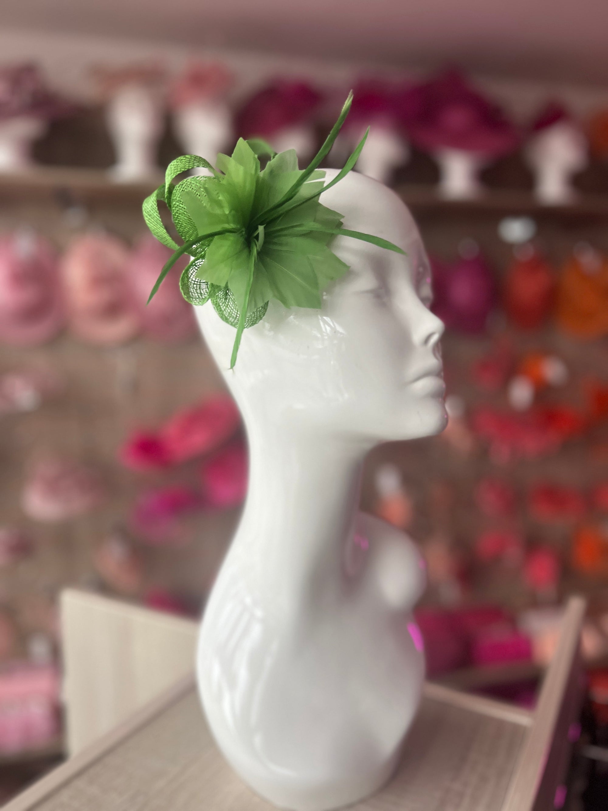 Green Small Hair Clip Sinamay Fascinator with Feather Flower-Fascinators Direct