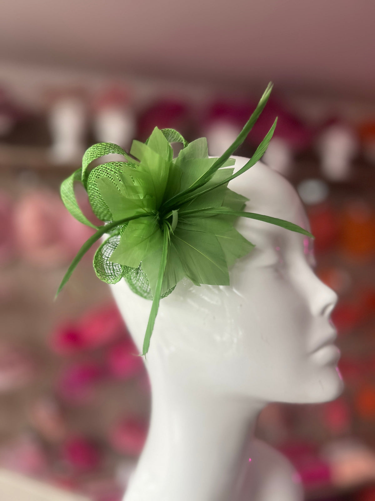 Green Small Hair Clip Sinamay Fascinator with Feather Flower-Fascinators Direct