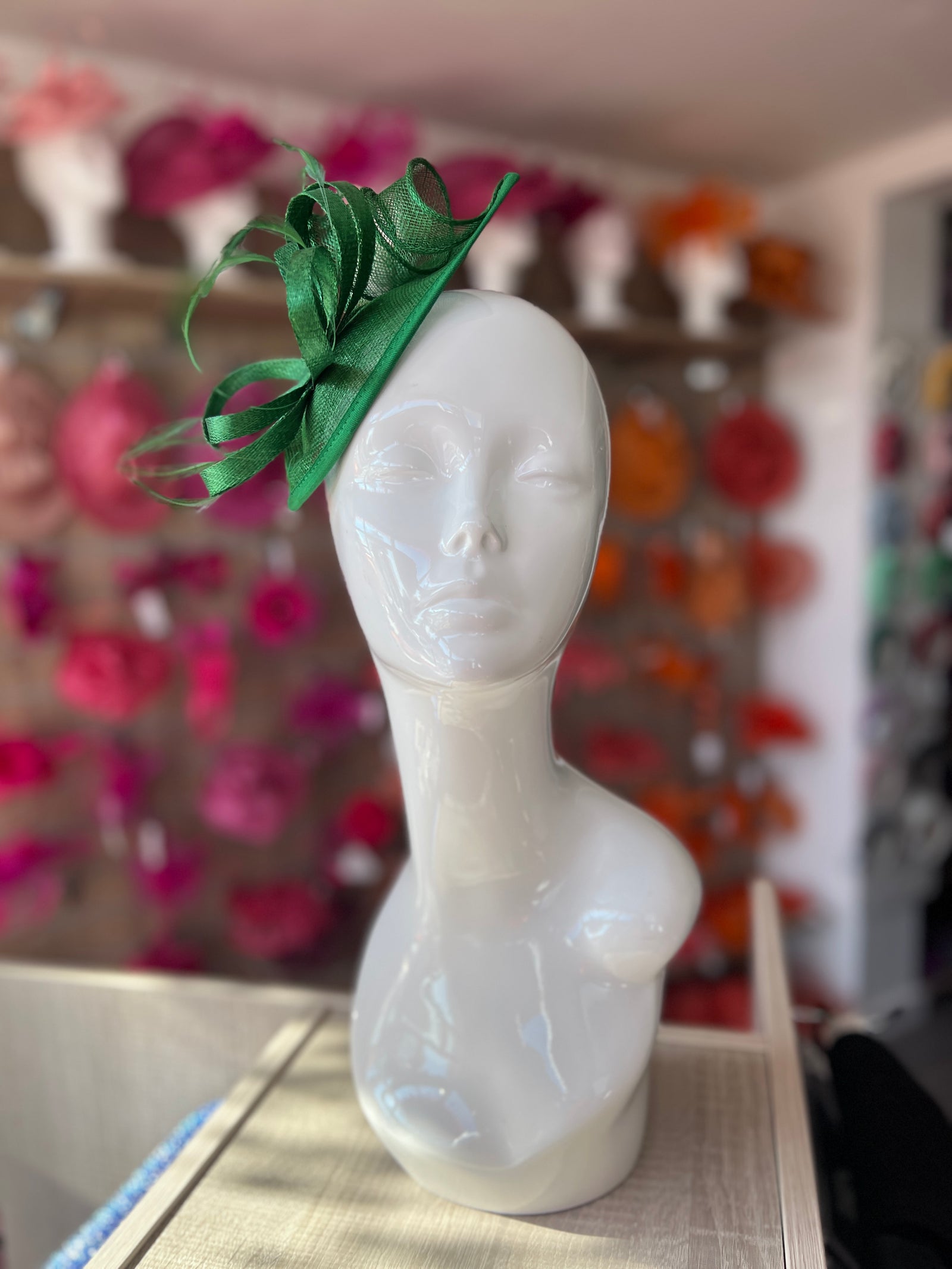 Green Teardrop Fascinator with Curled Sinamay Loops-Fascinators Direct