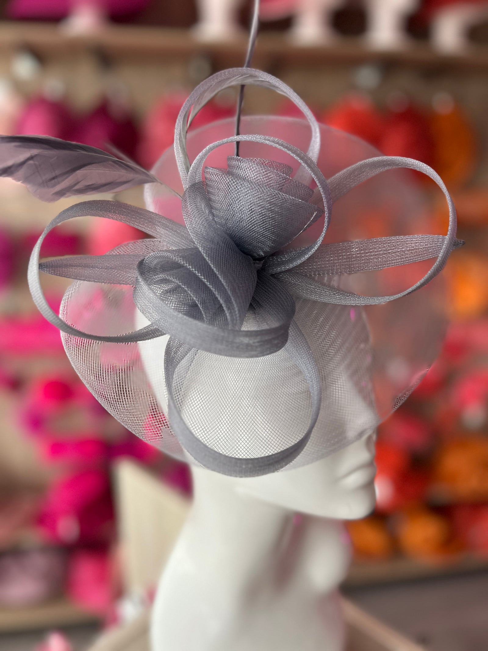 Grey Crinoline Saucer Fascinator With Loops & Feathers-Fascinators Direct