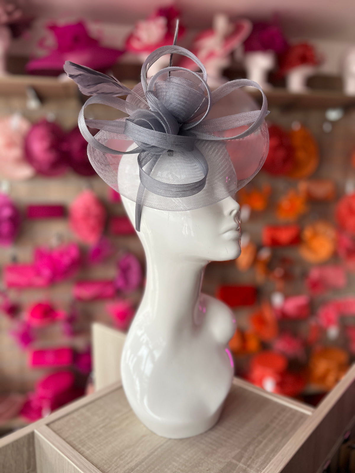 Grey Crinoline Saucer Fascinator With Loops &amp; Feathers-Fascinators Direct