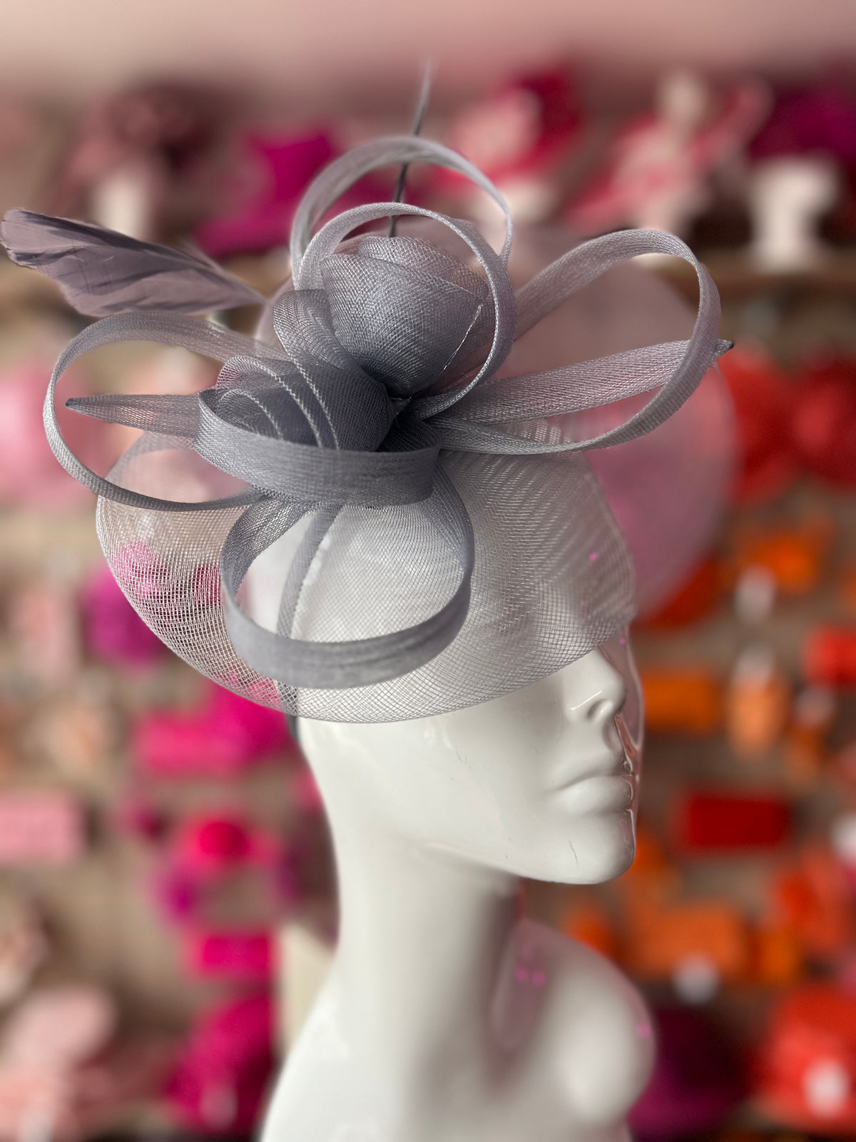 Grey Crinoline Saucer Fascinator With Loops &amp; Feathers-Fascinators Direct