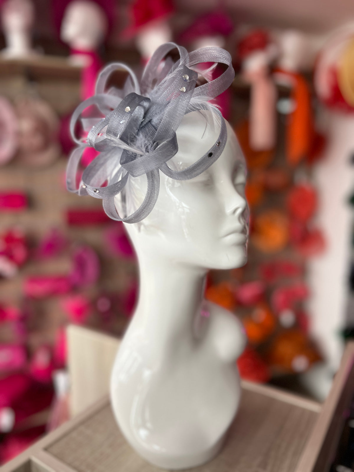 Grey Diamante Fascinator With Loops &amp; Wispy Feathers-Fascinators Direct