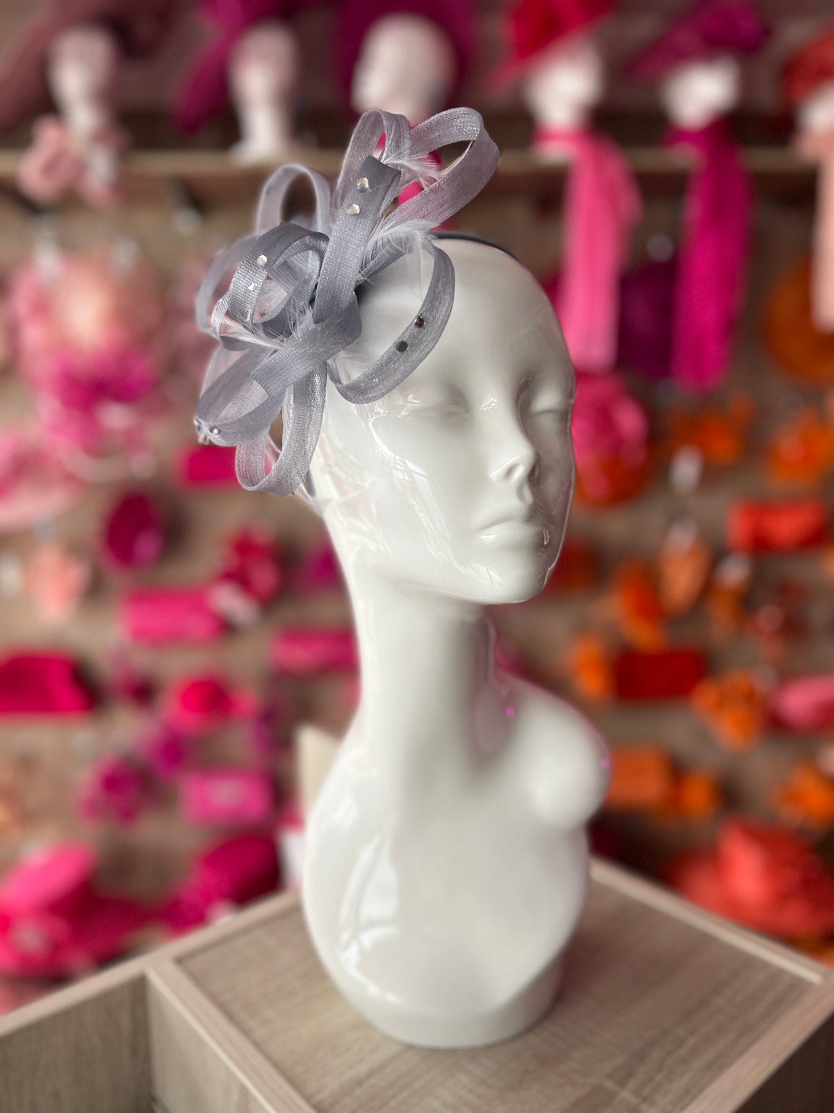 Grey Diamante Fascinator With Loops &amp; Wispy Feathers-Fascinators Direct