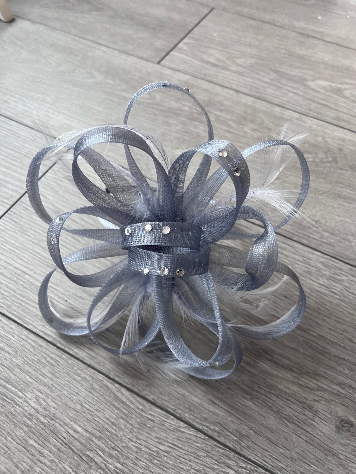 Grey Diamante Fascinator With Loops &amp; Wispy Feathers-Fascinators Direct
