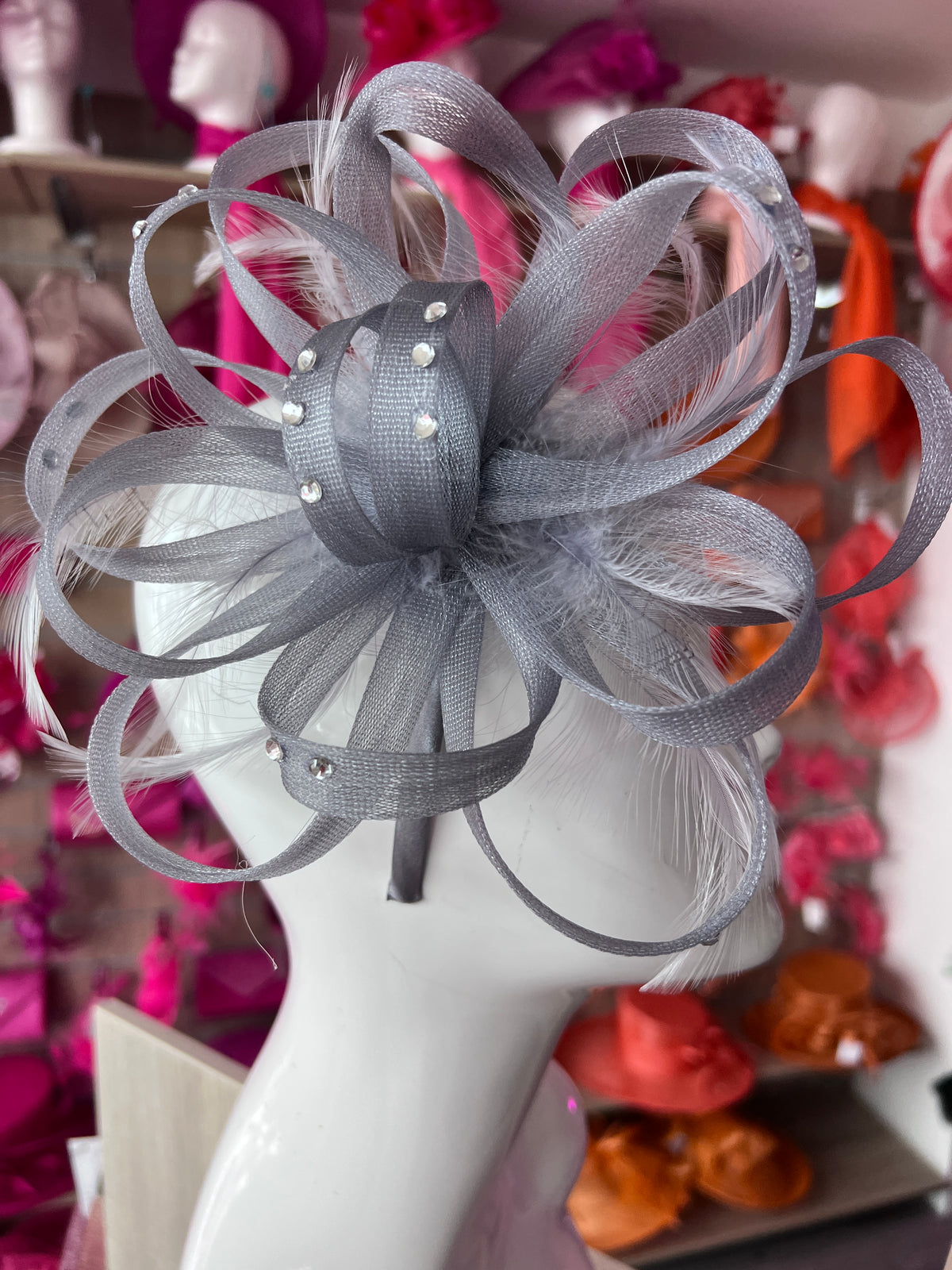 Grey Diamante Fascinator With Loops &amp; Wispy Feathers-Fascinators Direct