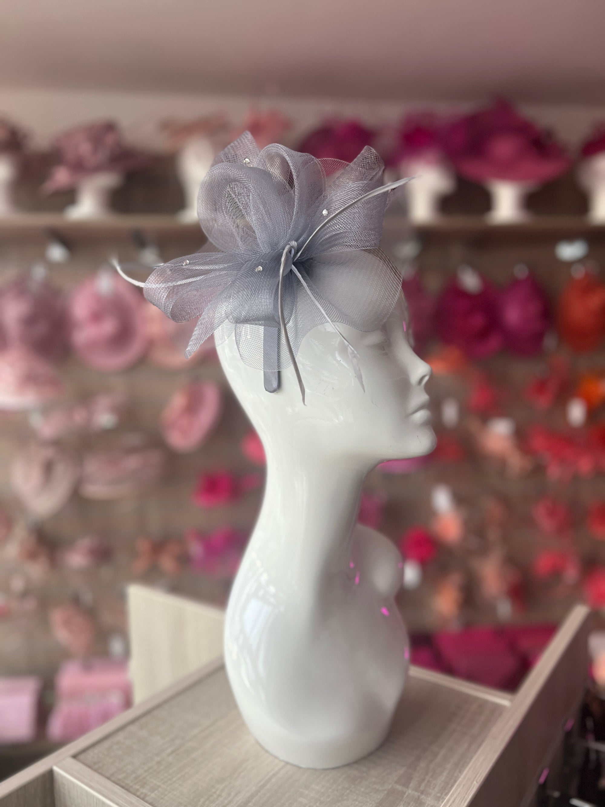 Grey Diamante Fascinator With Ruched Crinoline & Feathers-Fascinators Direct