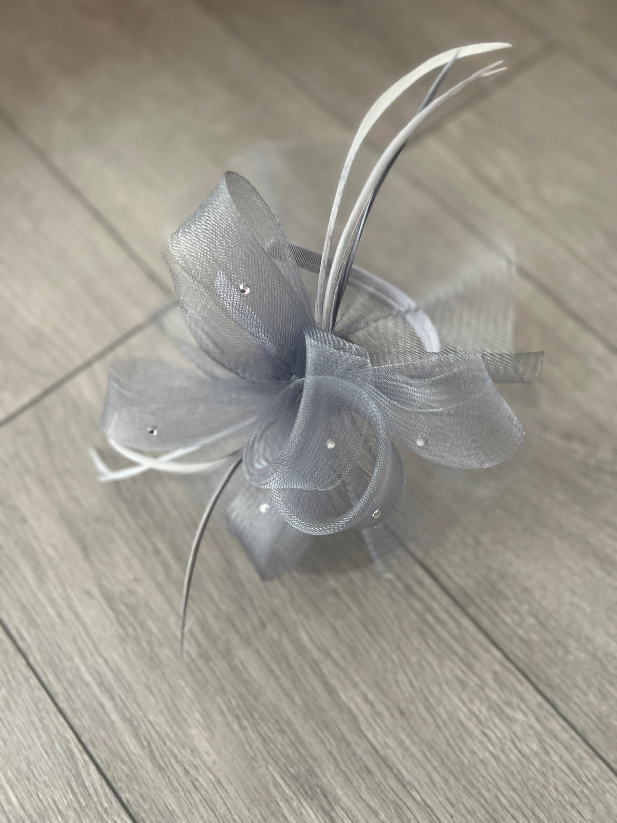 Grey Diamante Fascinator With Ruched Crinoline &amp; Feathers-Fascinators Direct