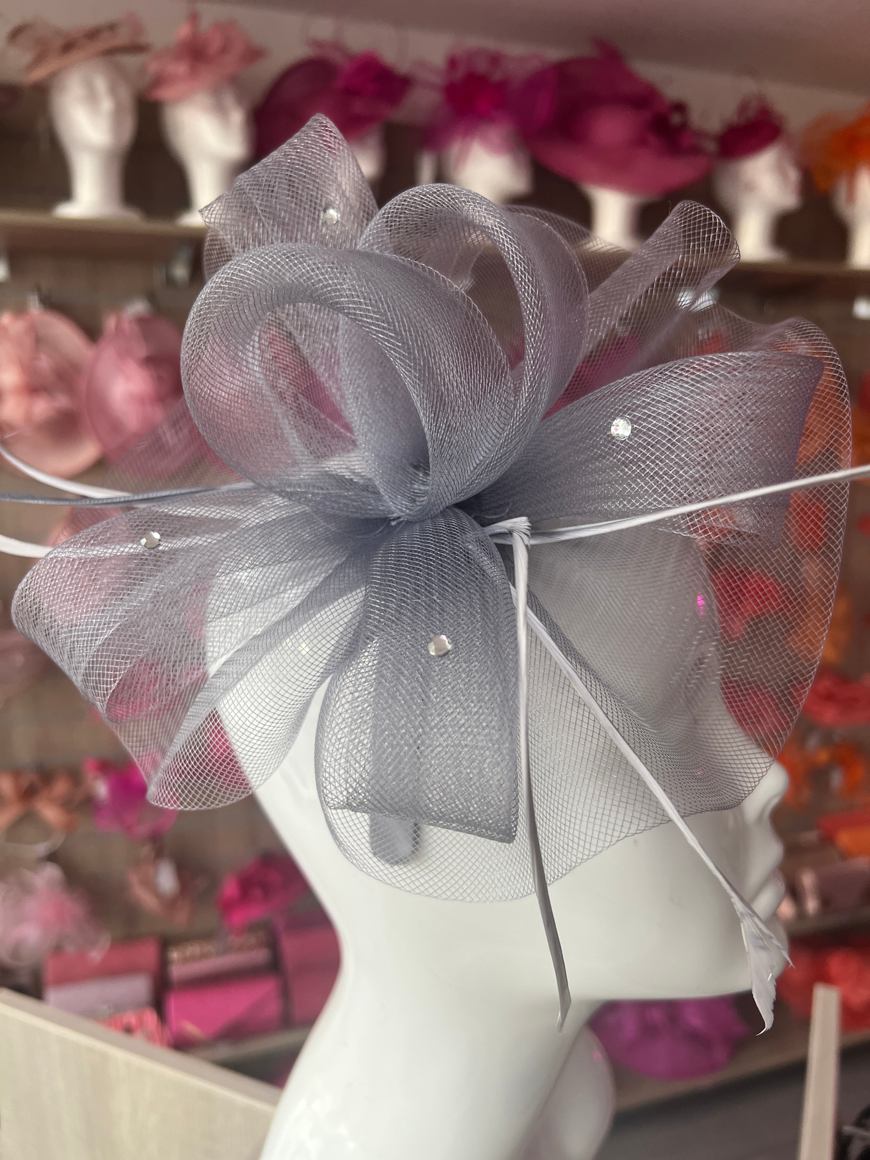 Grey Diamante Fascinator With Ruched Crinoline Feathers
