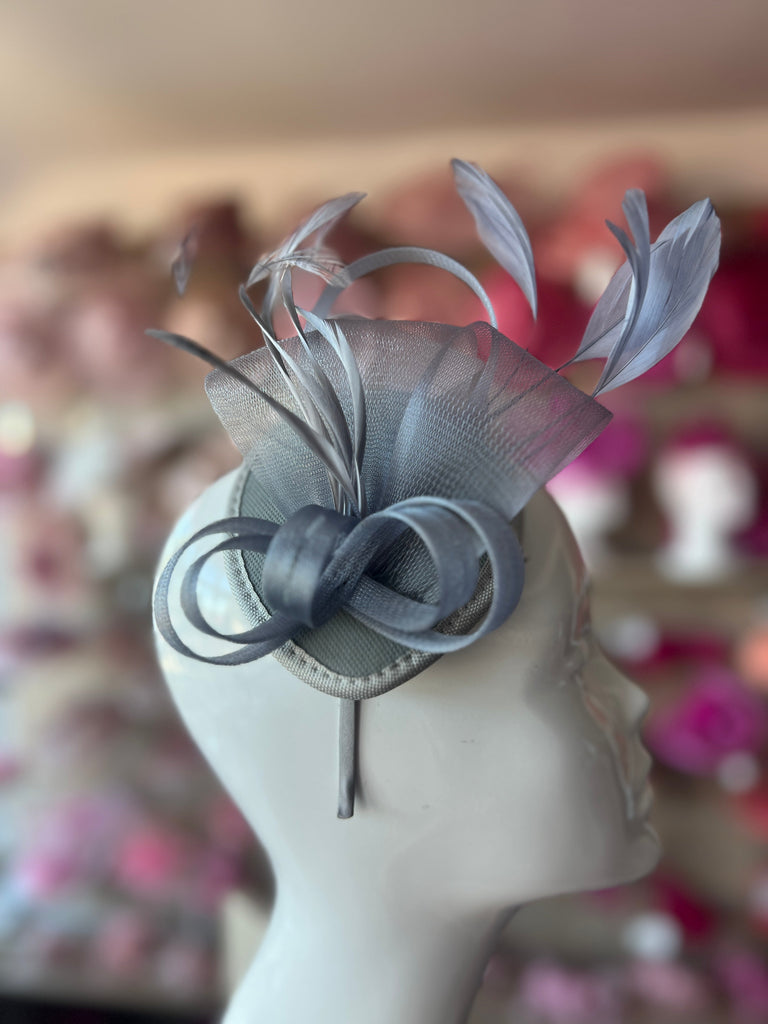 Grey Fascinator Headband for Weddings with Looped Crin Feathers