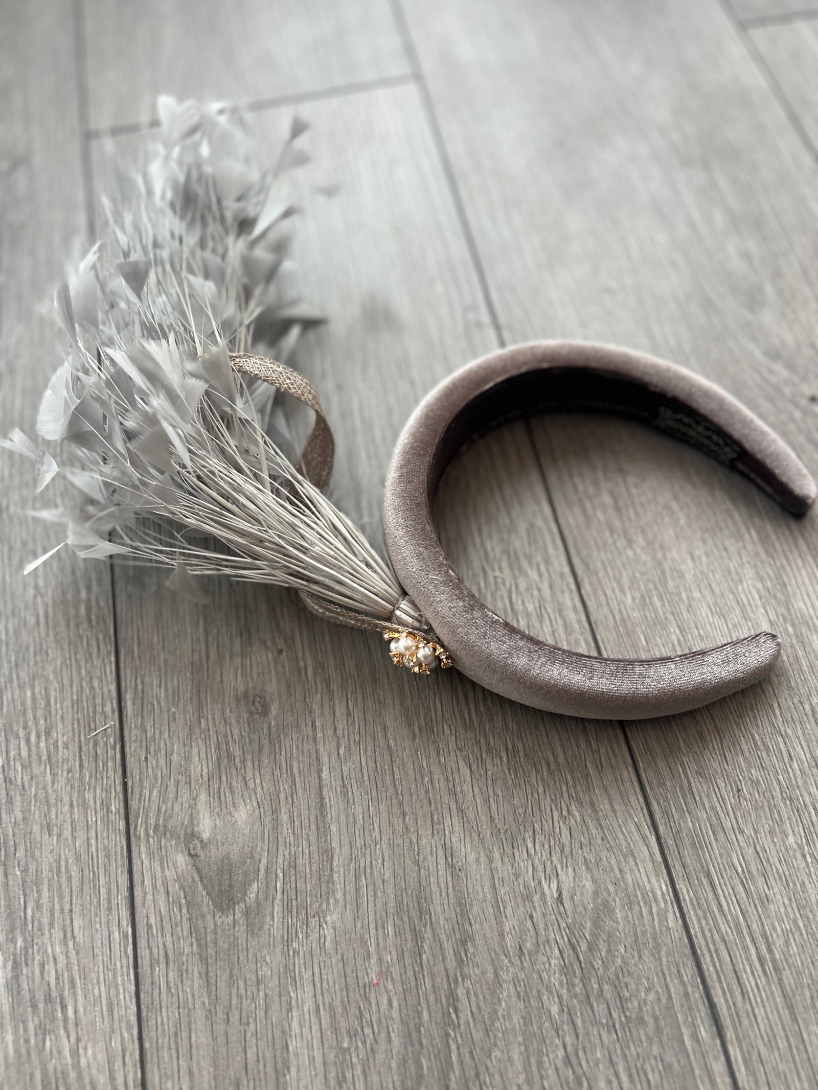 Grey Feather Velvet Padded Headband Fascinator With Diamante & Pearl Cluster-Fascinators Direct