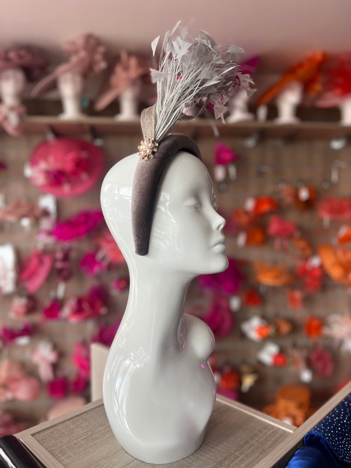 Grey Feather Velvet Padded Headband Fascinator With Diamante &amp; Pearl Cluster-Fascinators Direct
