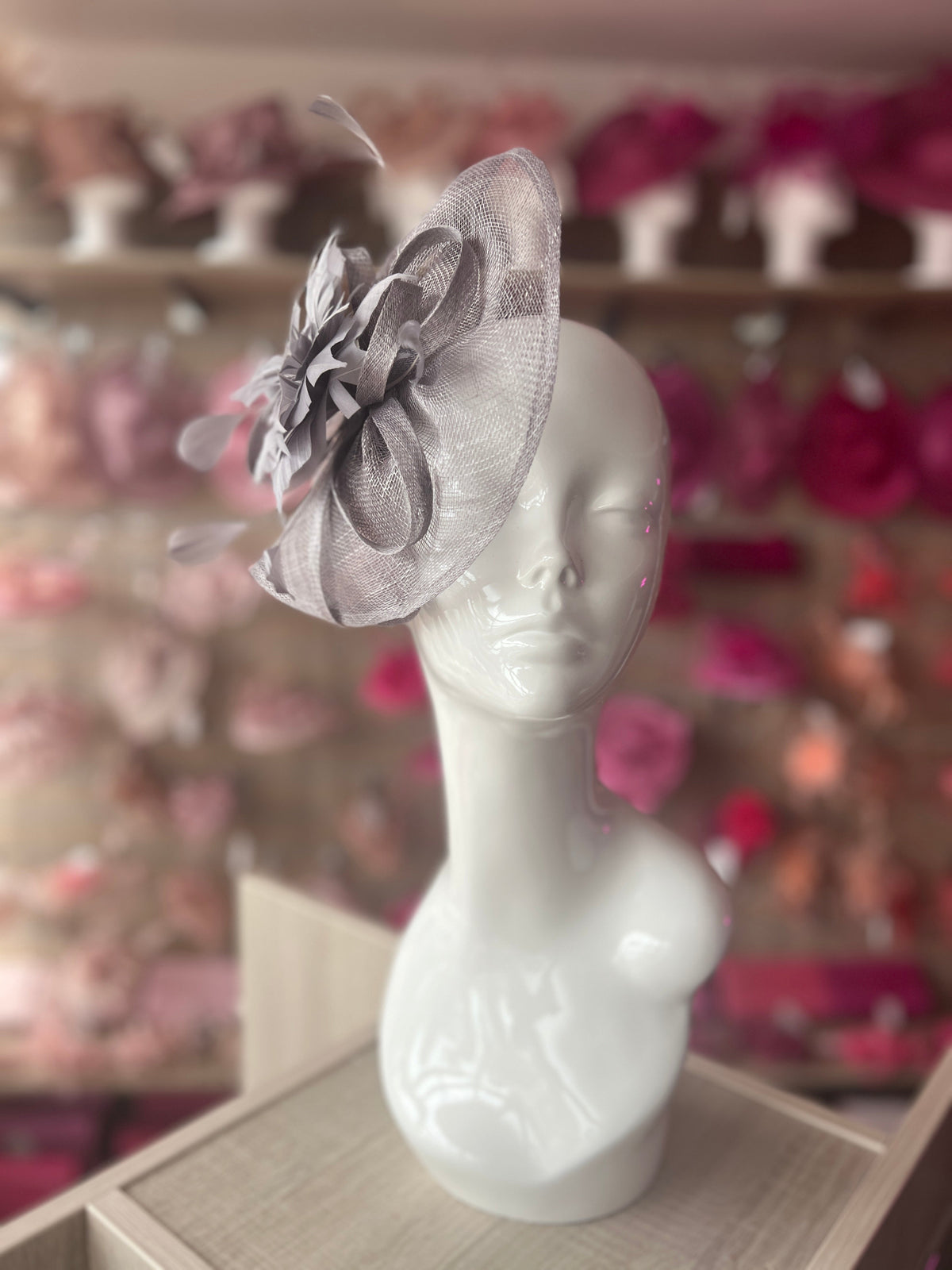 Grey Oval Base Fascinator With Feather Flower-Fascinators Direct