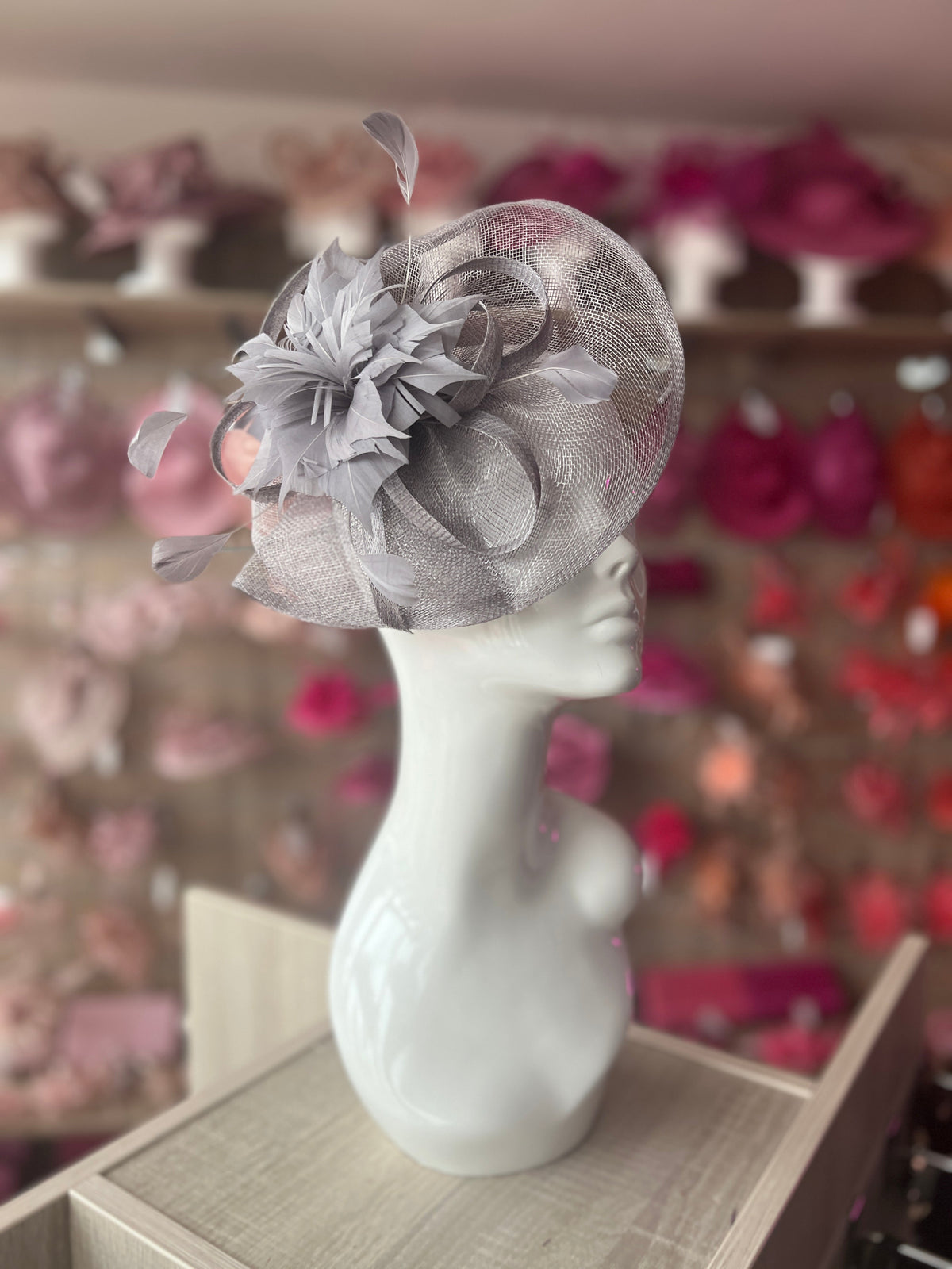 Grey Oval Base Fascinator With Feather Flower-Fascinators Direct