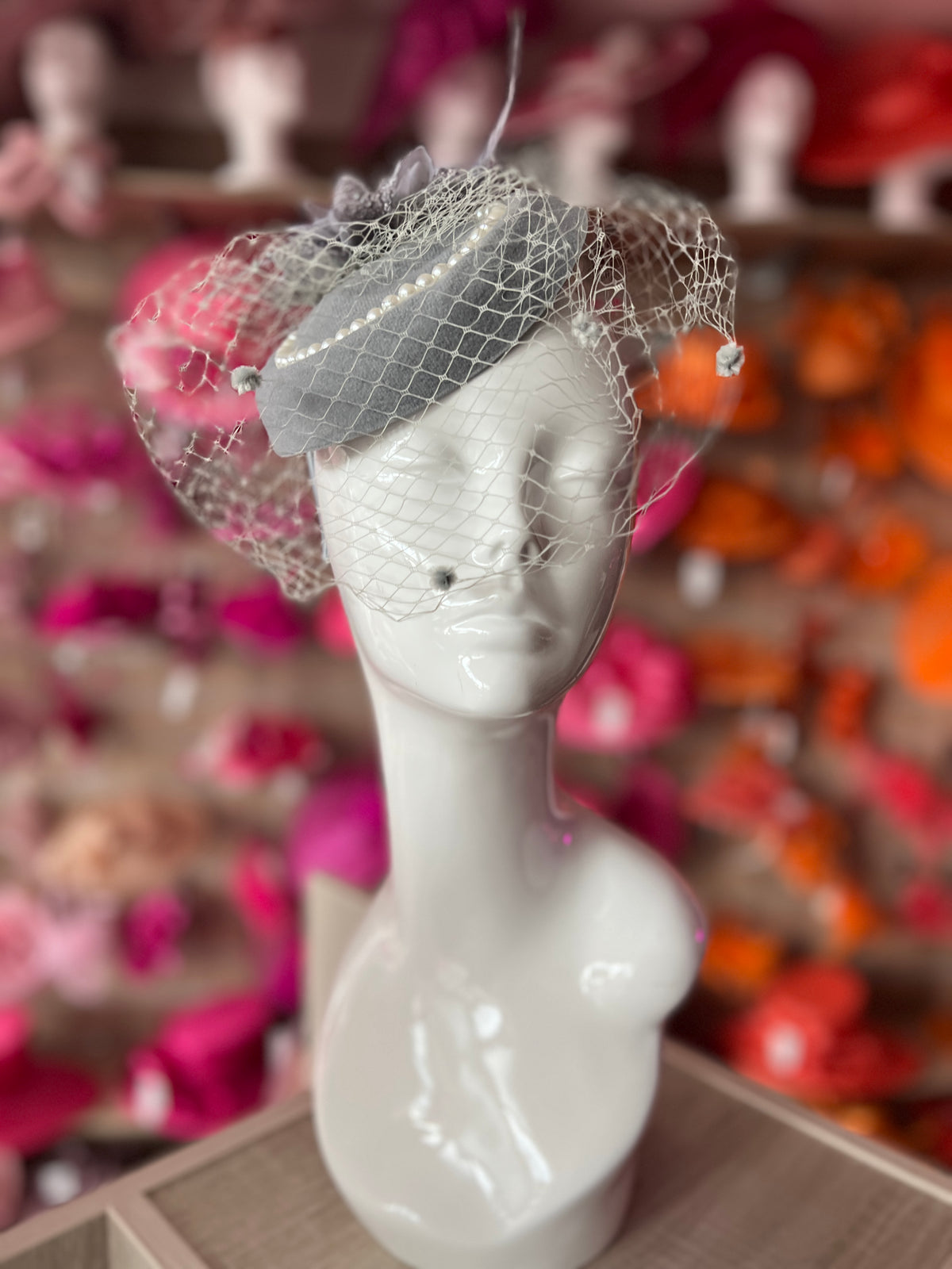 Grey Pillbox Hat With Flower,Veil &amp; Pearls-Fascinators Direct