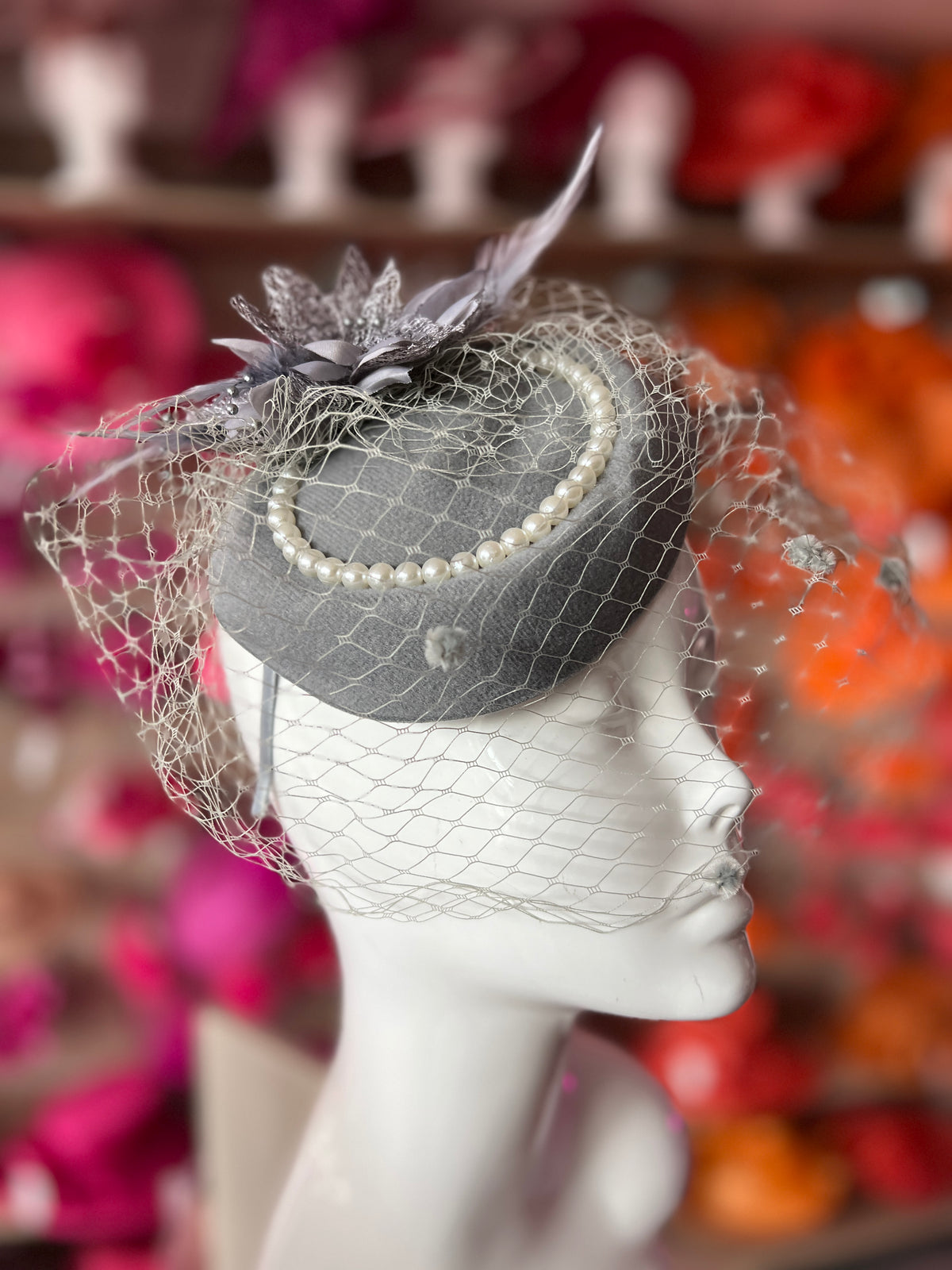 Grey Pillbox Hat With Flower,Veil &amp; Pearls-Fascinators Direct