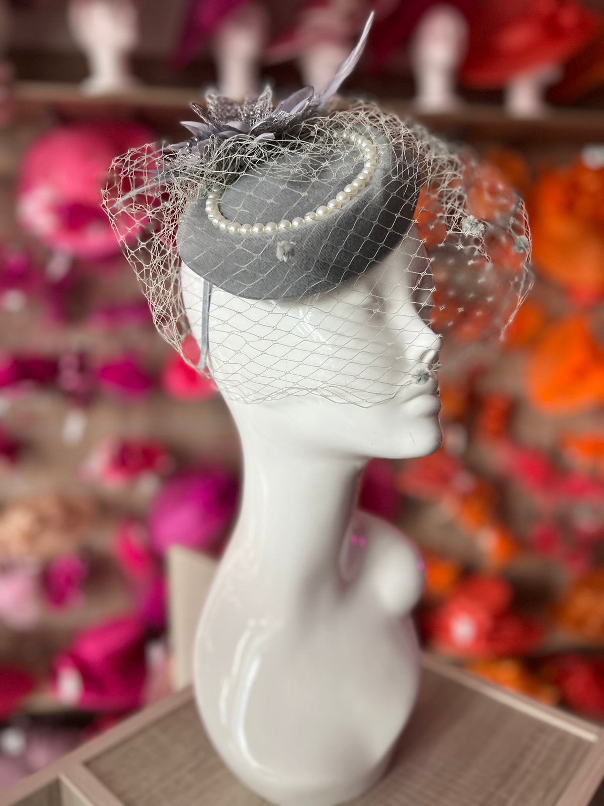 Grey Pillbox Hat With Flower,Veil &amp; Pearls-Fascinators Direct