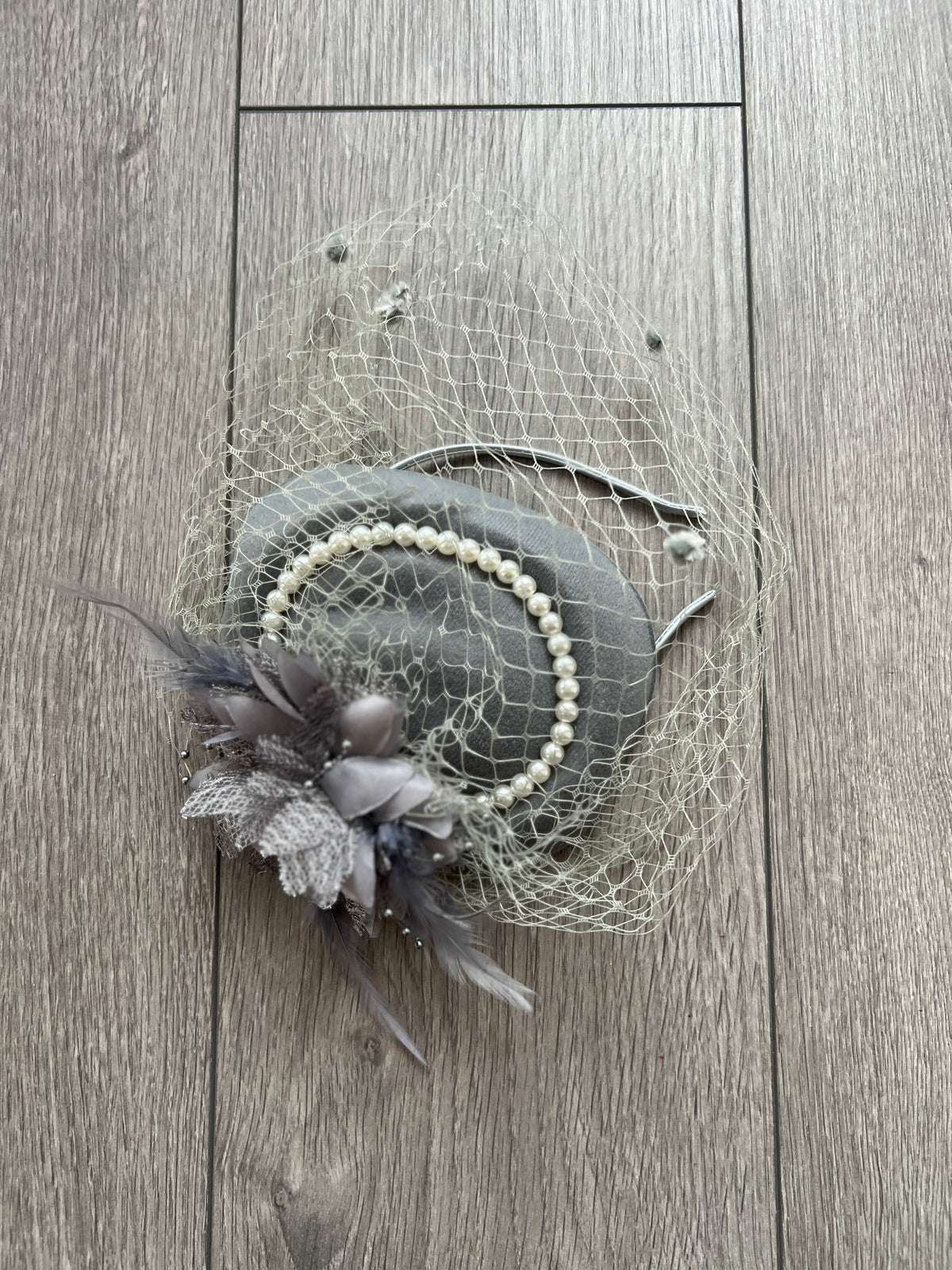 Grey Pillbox Hat With Flower,Veil &amp; Pearls-Fascinators Direct