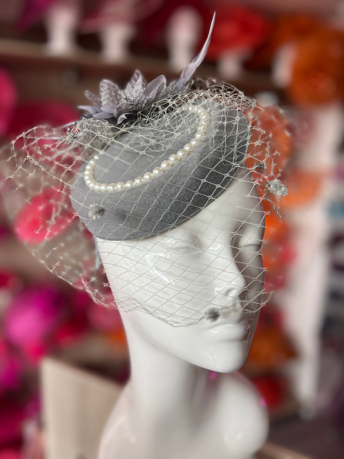 Grey Pillbox Hat With Flower,Veil &amp; Pearls-Fascinators Direct
