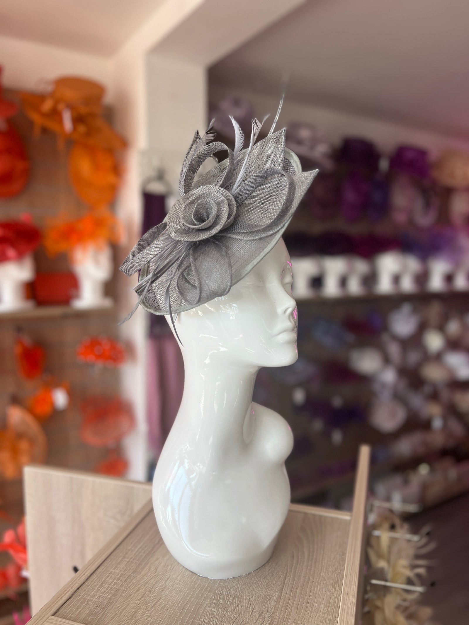 Grey Saucer Fascinator With Flower & Quill-Fascinators Direct