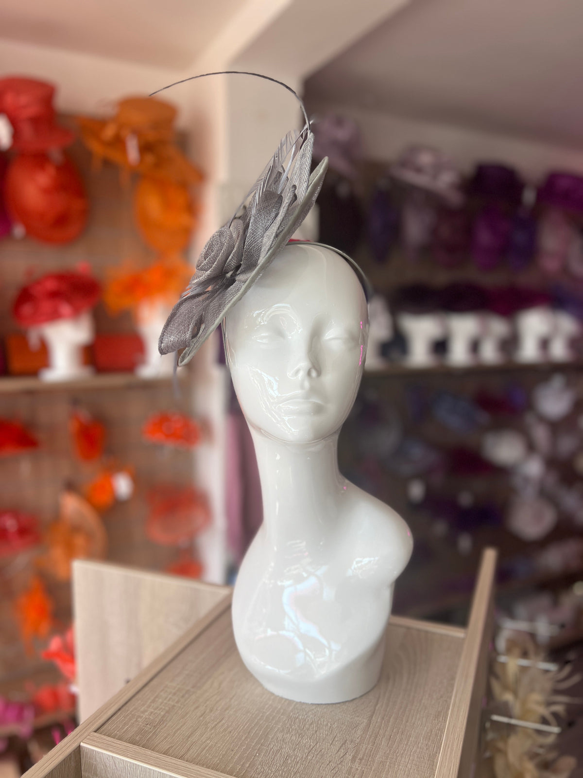 Grey Saucer Fascinator With Flower &amp; Quill-Fascinators Direct