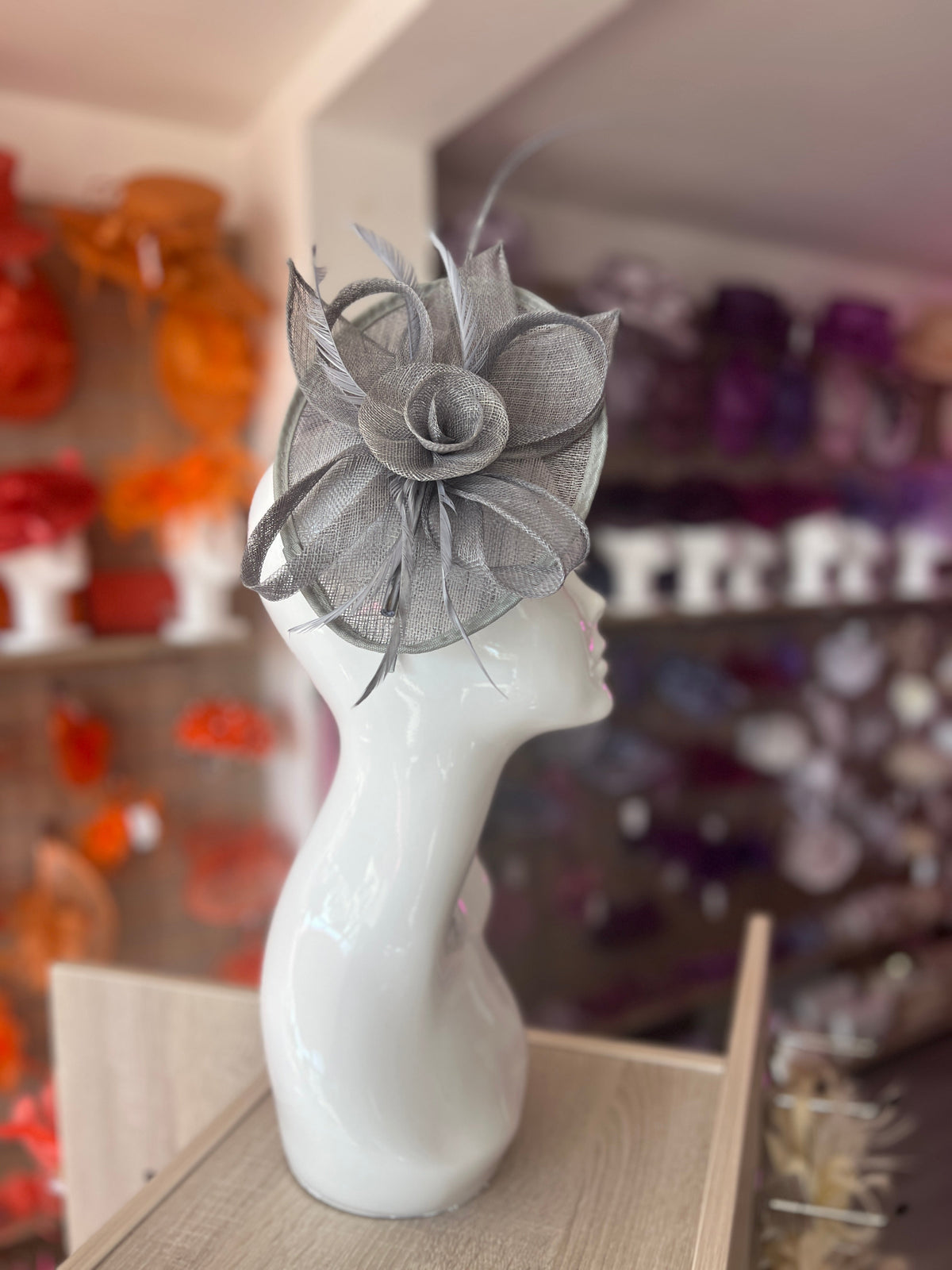 Grey Saucer Fascinator With Flower &amp; Quill-Fascinators Direct