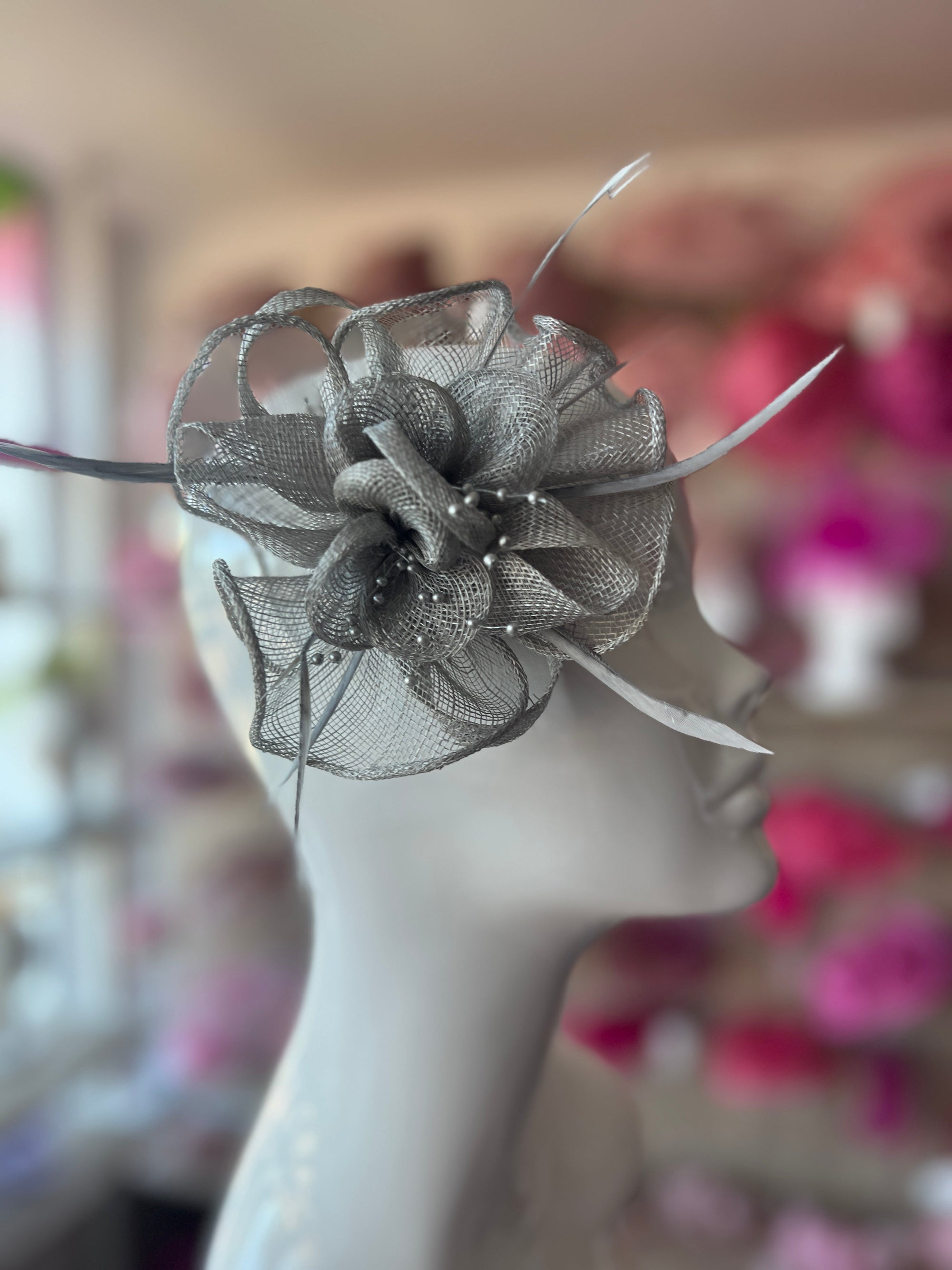Grey Small Fascinator with Decorative Beads & Feathers-Fascinators Direct