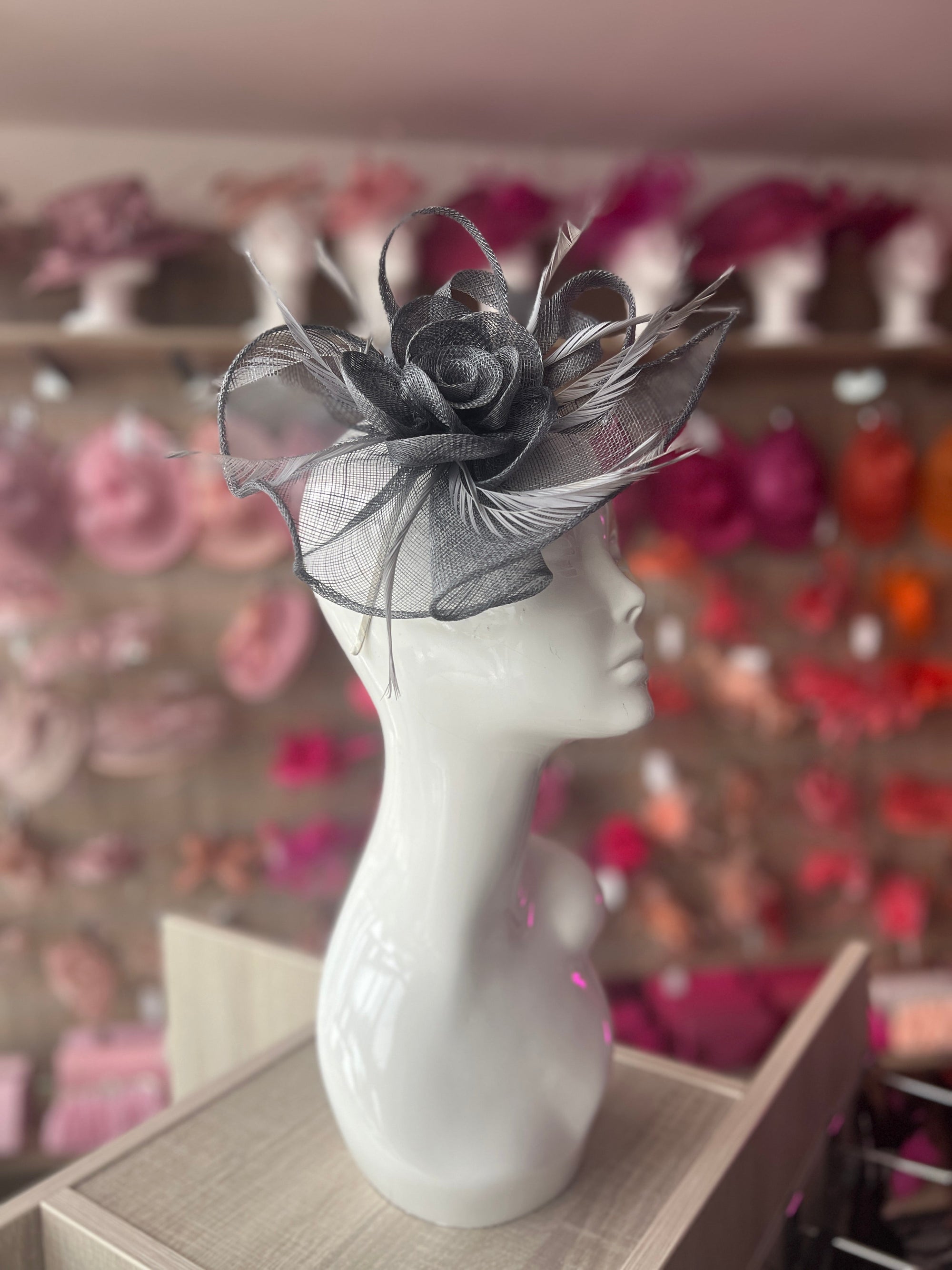 Grey Teardrop Fascinator With Rose & Feathers-Fascinators Direct