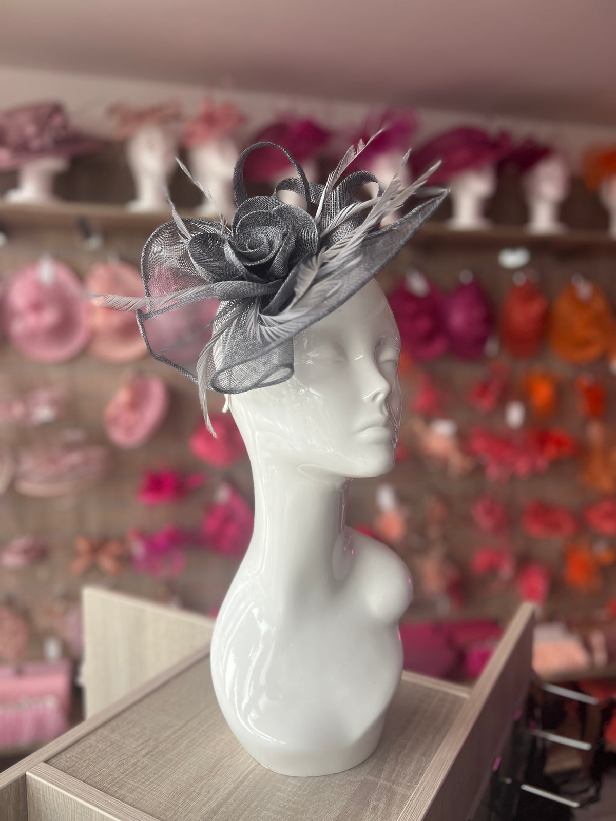 Grey Teardrop Fascinator With Rose &amp; Feathers-Fascinators Direct