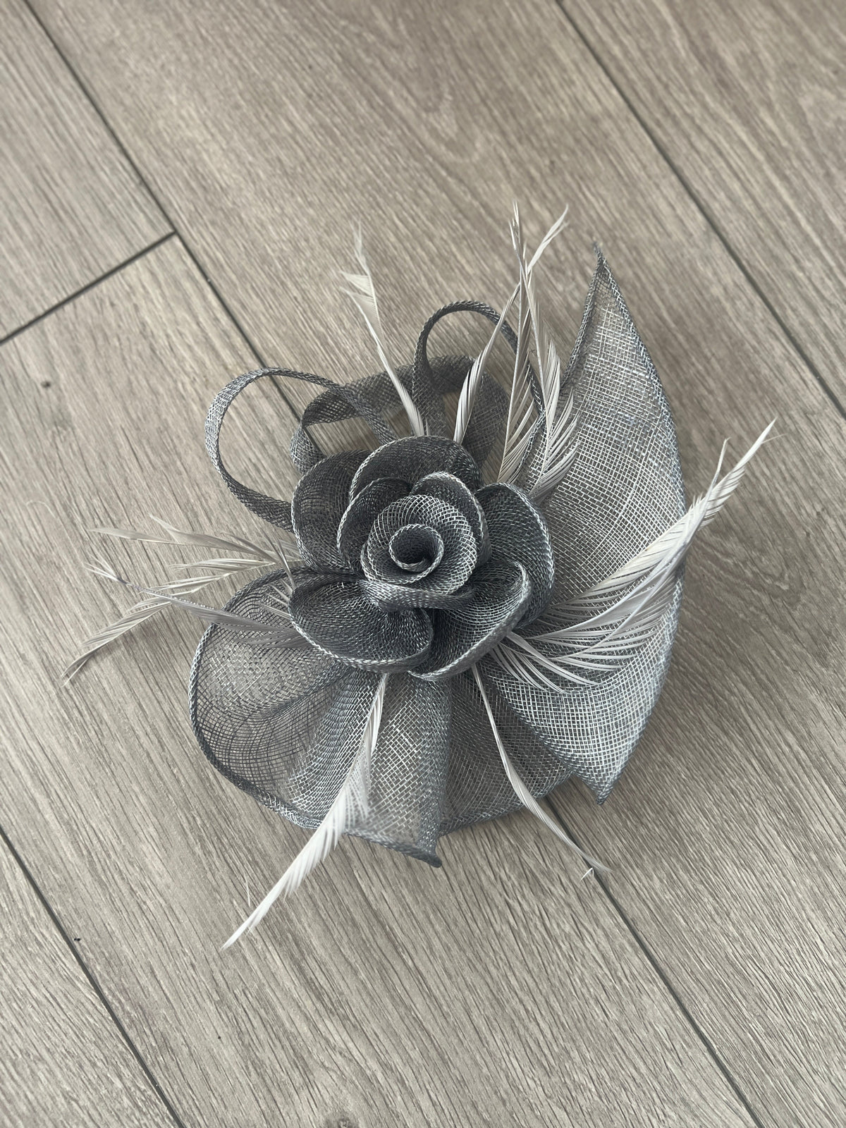 Grey Teardrop Fascinator With Rose &amp; Feathers-Fascinators Direct