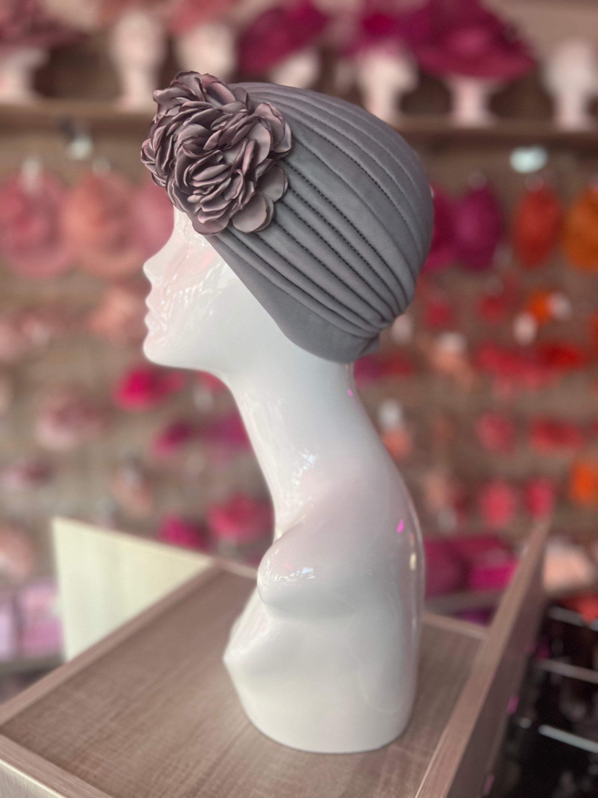 Grey Vintage Double Flower Turban Hat-Fascinators Direct