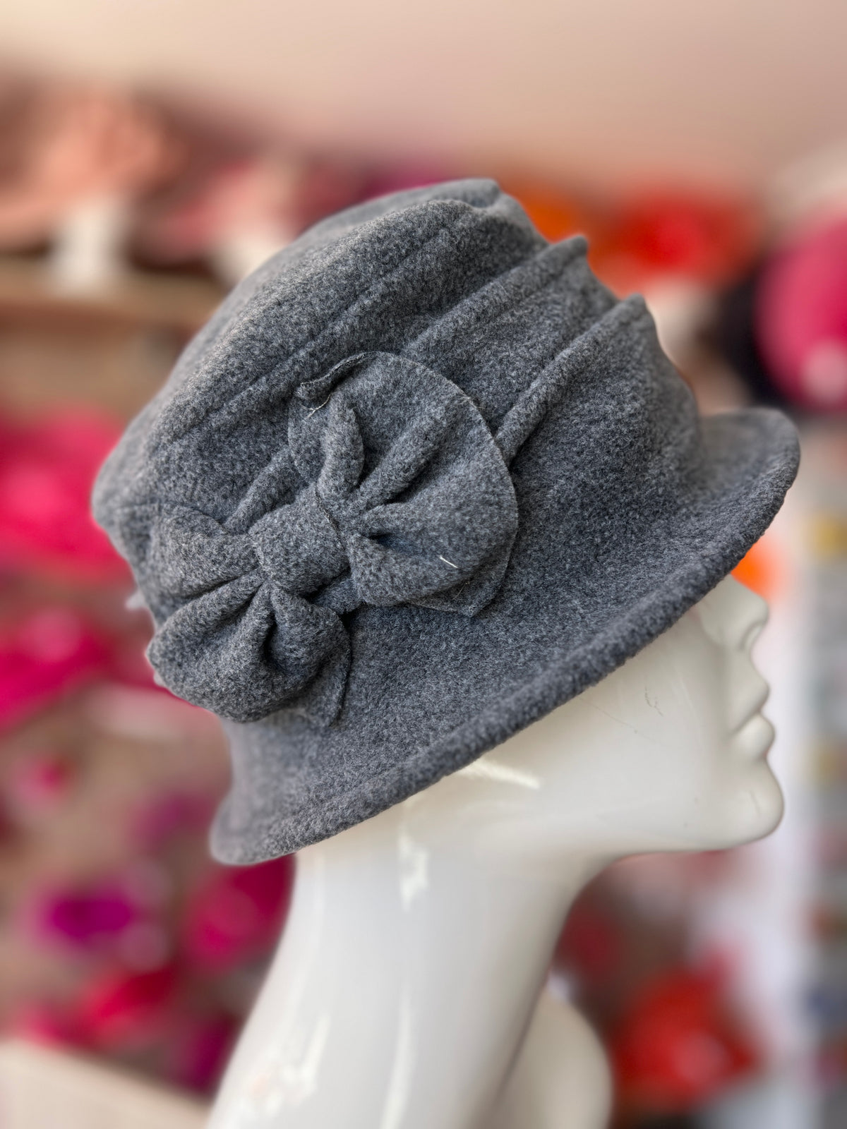 Grey Winter Cloche Beanie Hat With Bow Detail-Fascinators Direct