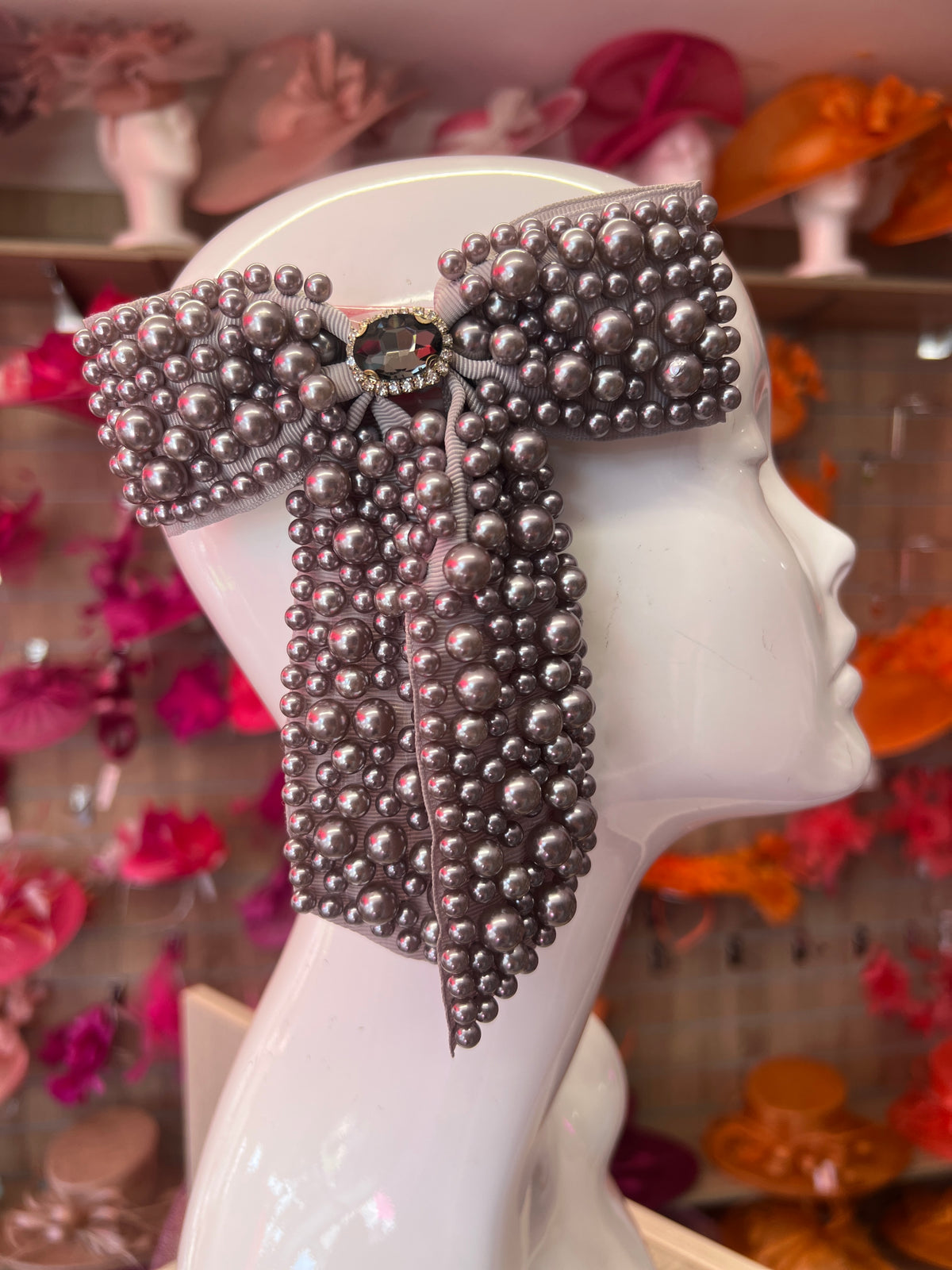 Grey/Silver Pearl Bow Barrette Hair Clip-Fascinators Direct