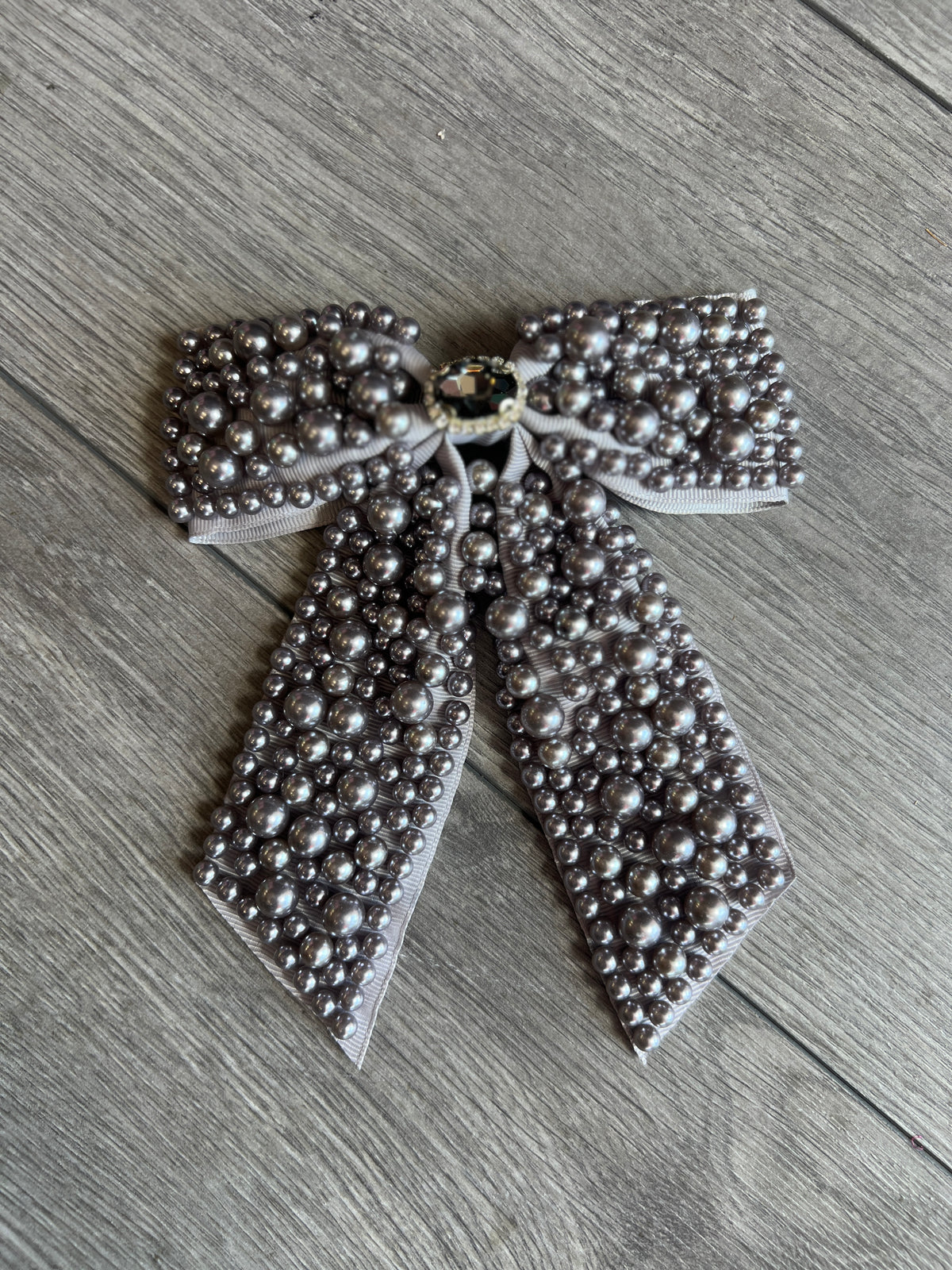 Grey/Silver Pearl Bow Barrette Hair Clip-Fascinators Direct
