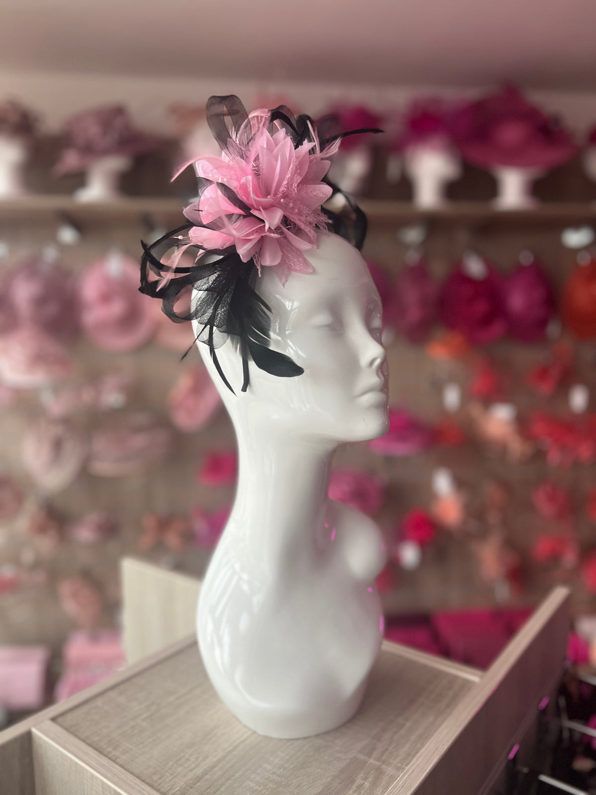 Headband Baby Pink &amp; Black Fascinator With Flower &amp; Loops-Fascinators Direct