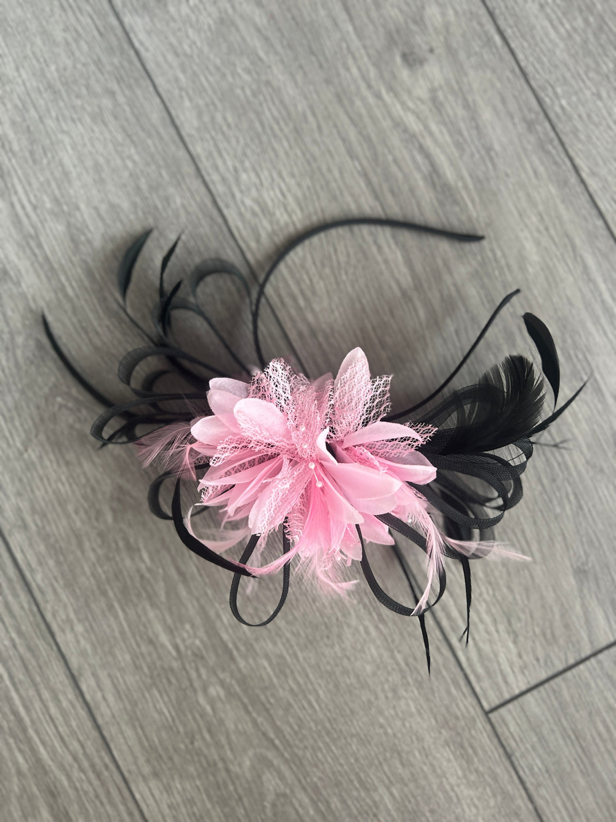 Headband Baby Pink &amp; Black Fascinator With Flower &amp; Loops-Fascinators Direct