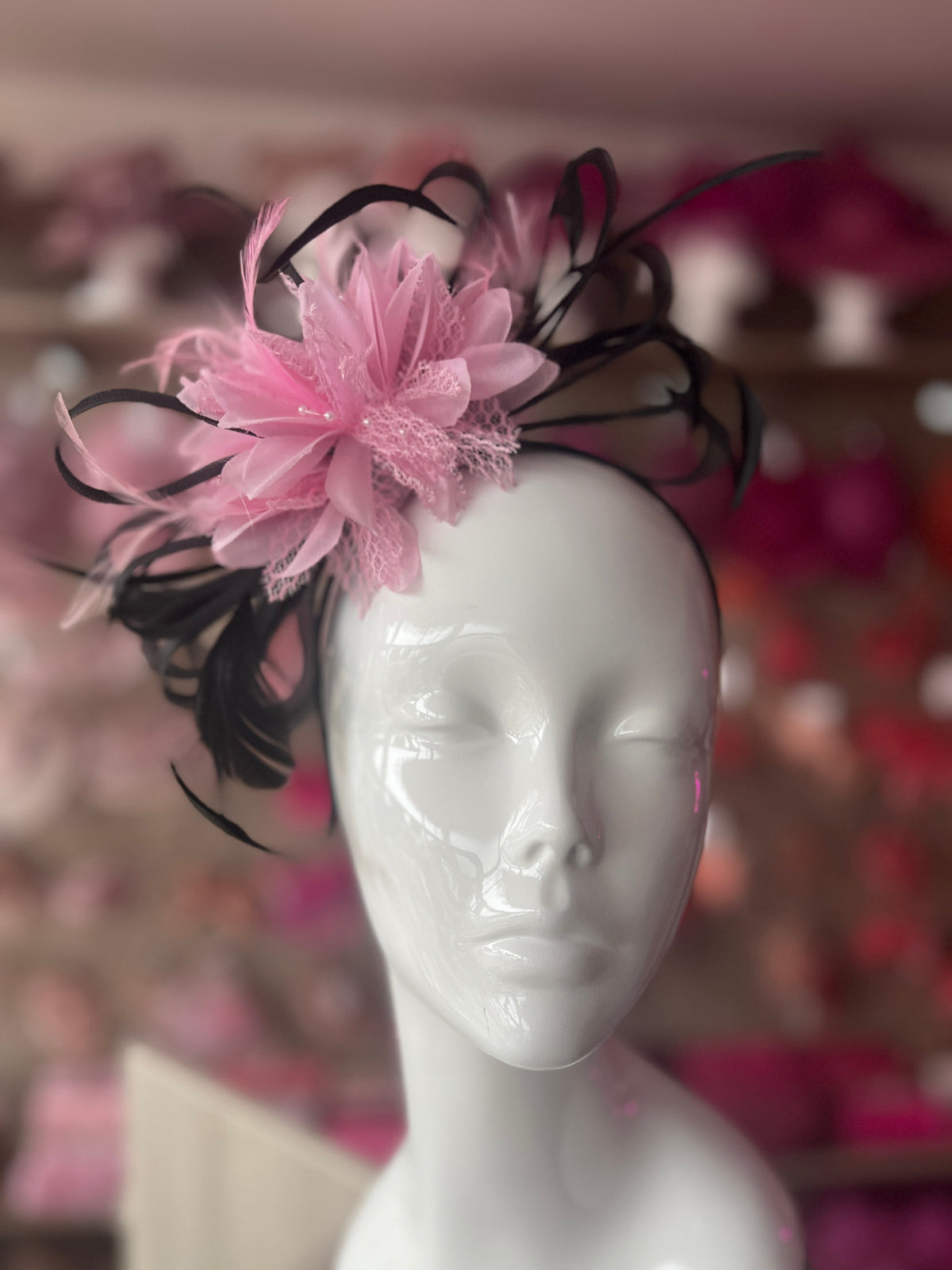 Headband Baby Pink &amp; Black Fascinator With Flower &amp; Loops-Fascinators Direct