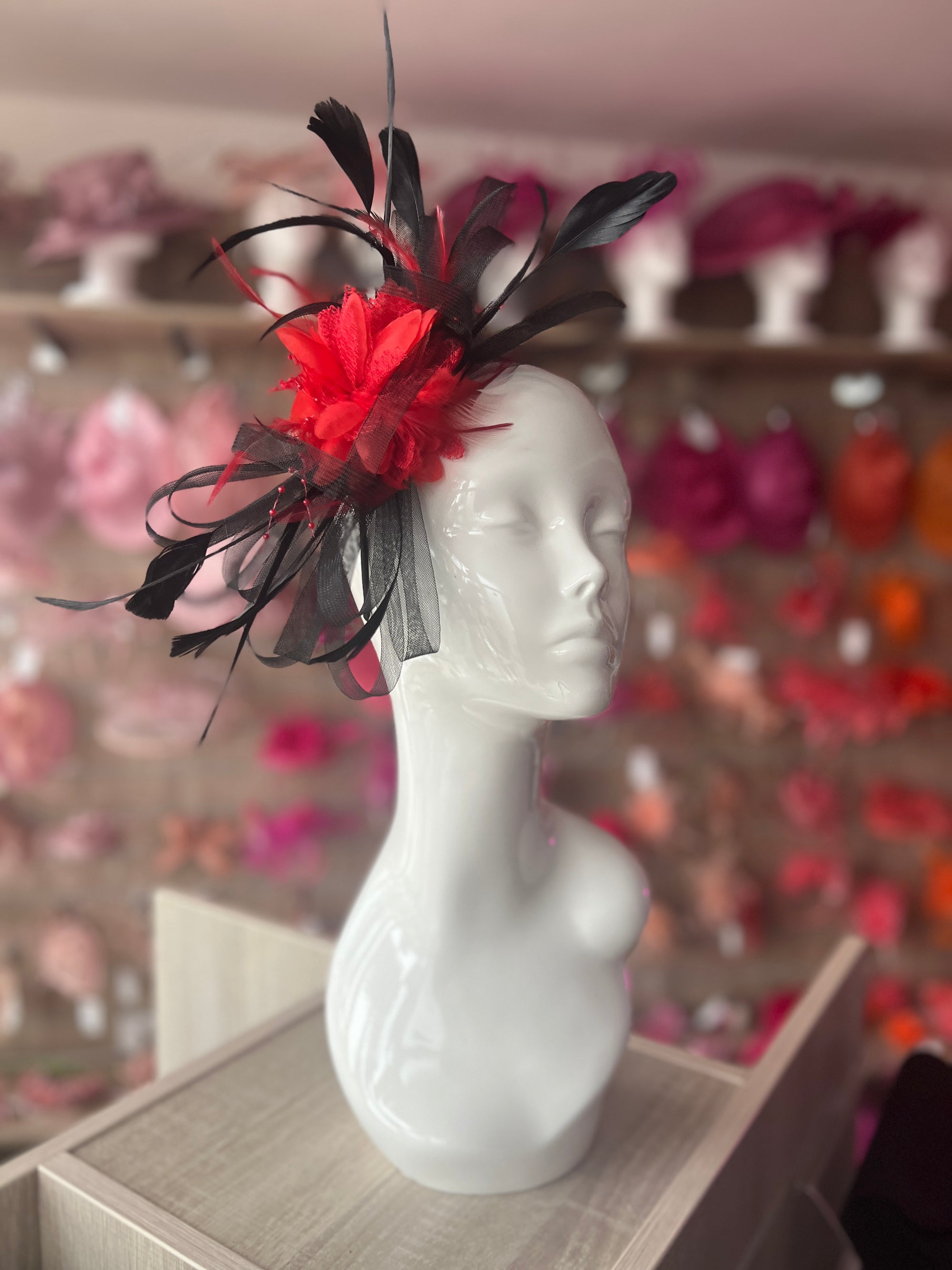 Headband Black & Red Fascinator With Flower & Loops-Fascinators Direct