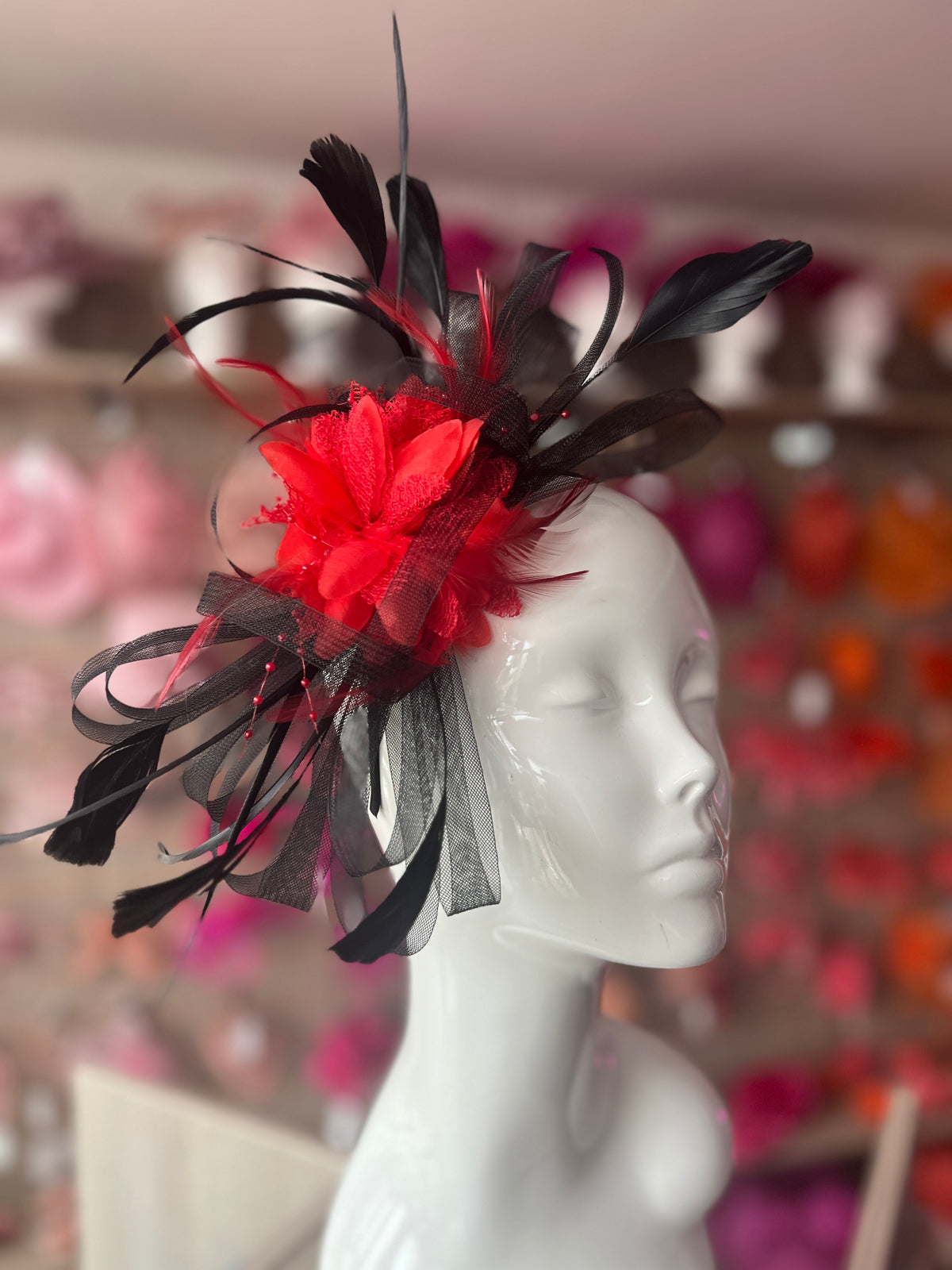 Headband Black &amp; Red Fascinator With Flower &amp; Loops-Fascinators Direct