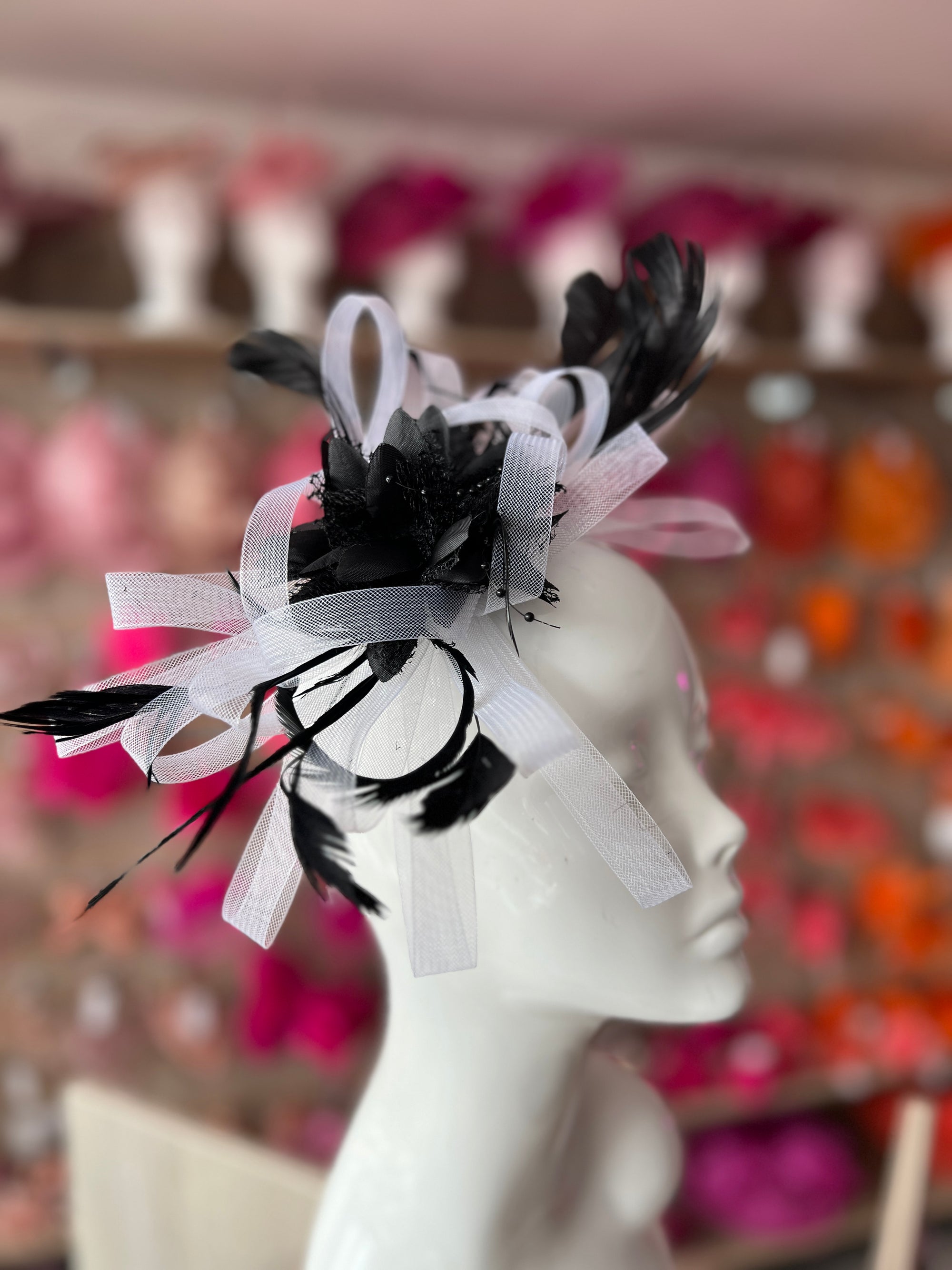 Headband Black & White Fascinator With Flower & Loops-Fascinators Direct