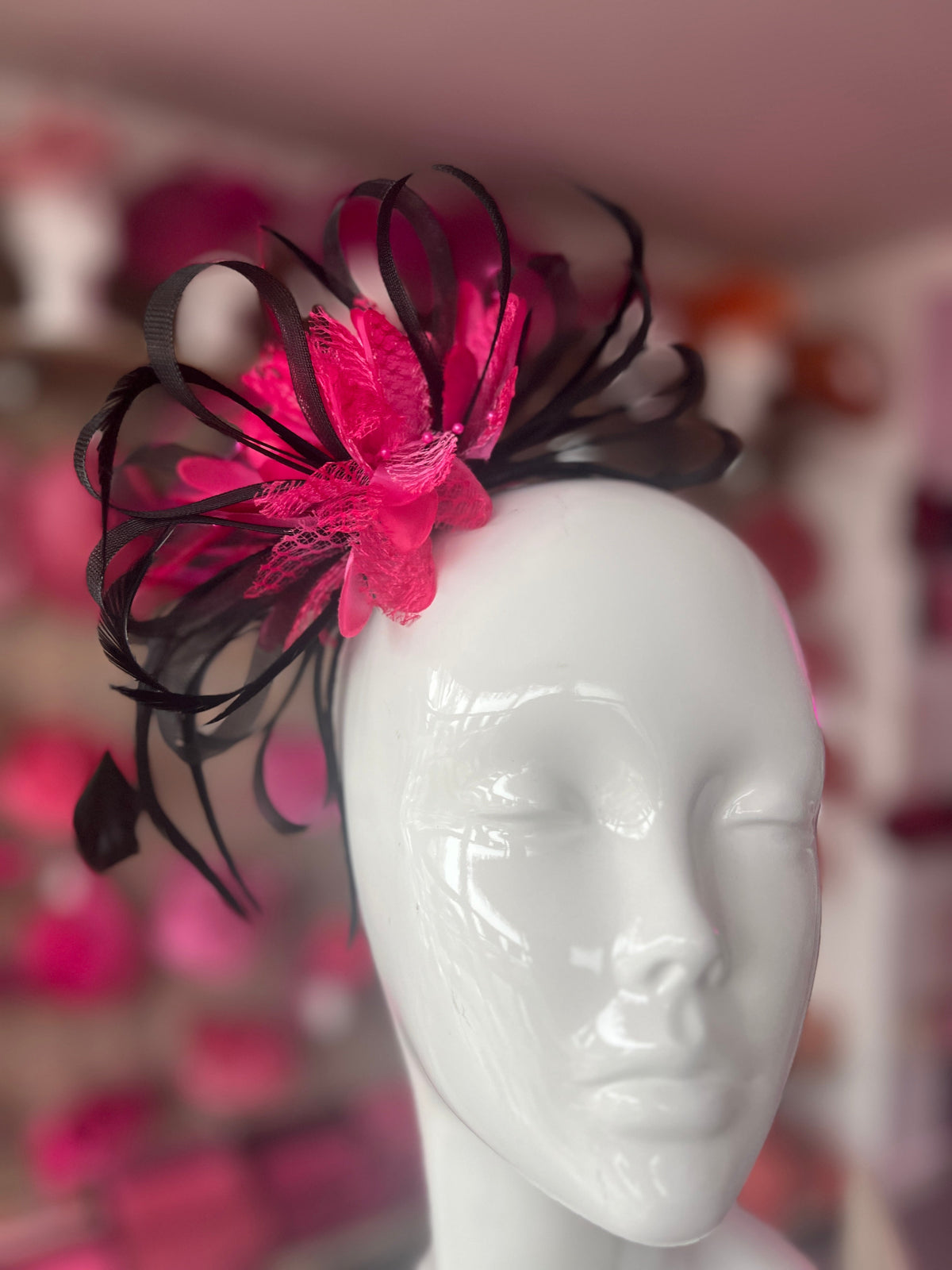 Headband Fuchsia &amp; Black Fascinator With Flower &amp; Loops-Fascinators Direct