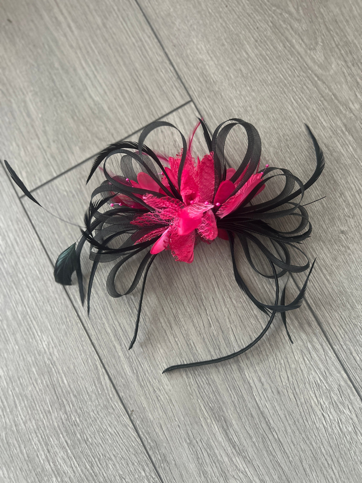 Headband Fuchsia &amp; Black Fascinator With Flower &amp; Loops-Fascinators Direct
