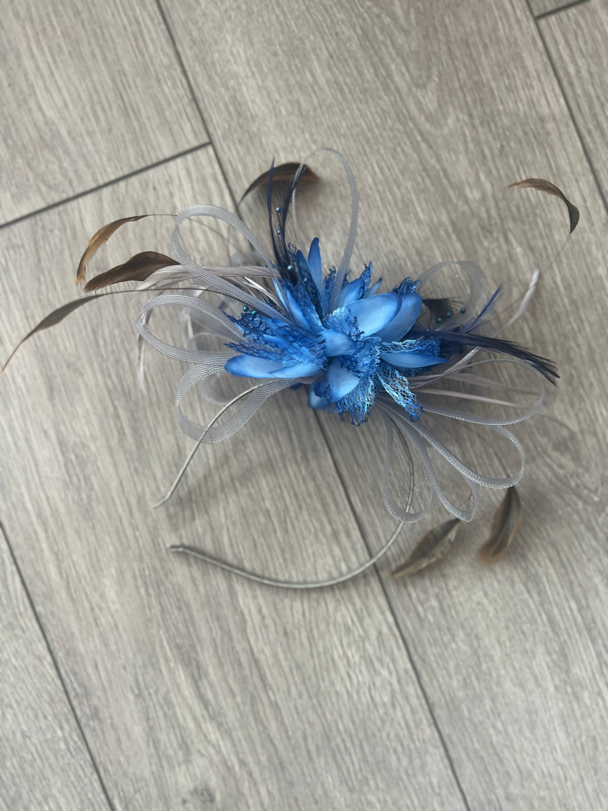 Headband Grey &amp; Blue Fascinator With Flower &amp; Loops-Fascinators Direct