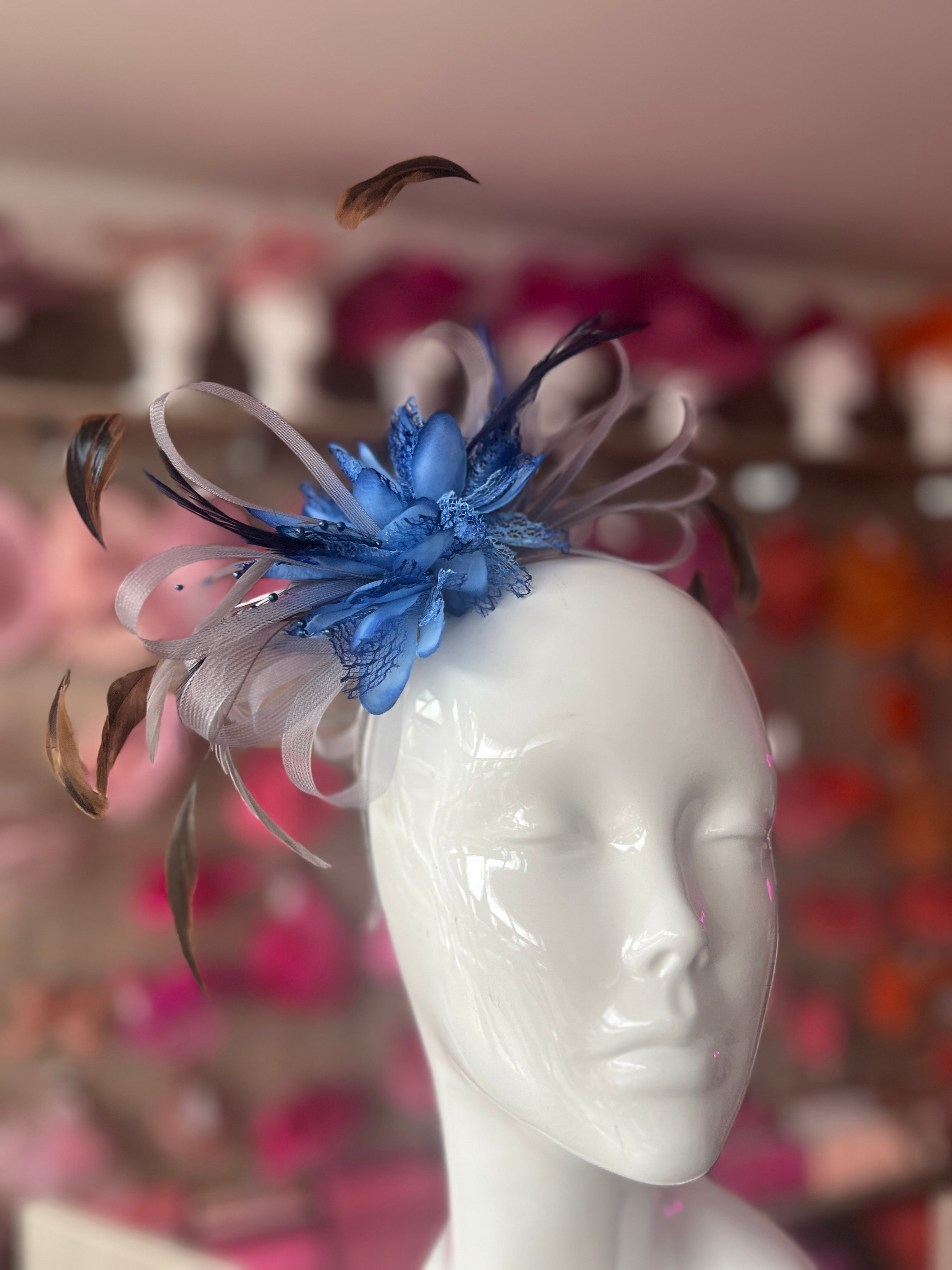 Headband Grey Blue Fascinator With Flower Loops